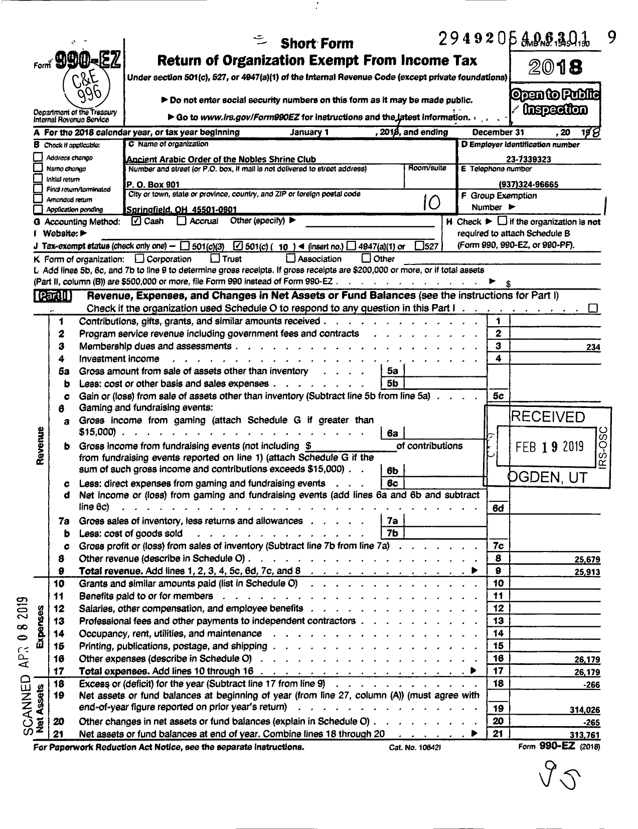 Image of first page of 2018 Form 990EO for Shriners International - Springfield & Clark County Shrine