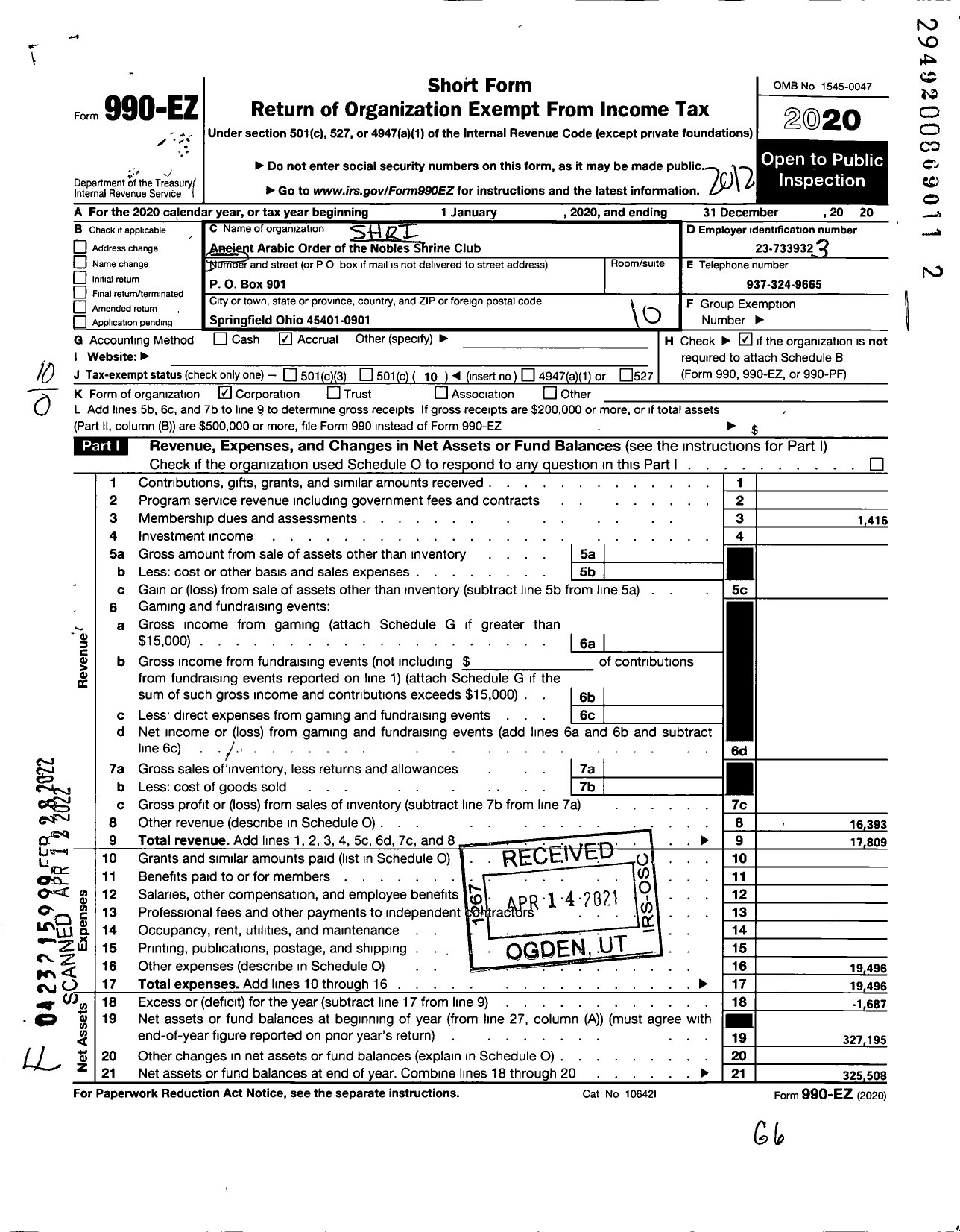 Image of first page of 2020 Form 990EO for Shriners International - Springfield & Clark County Shrine