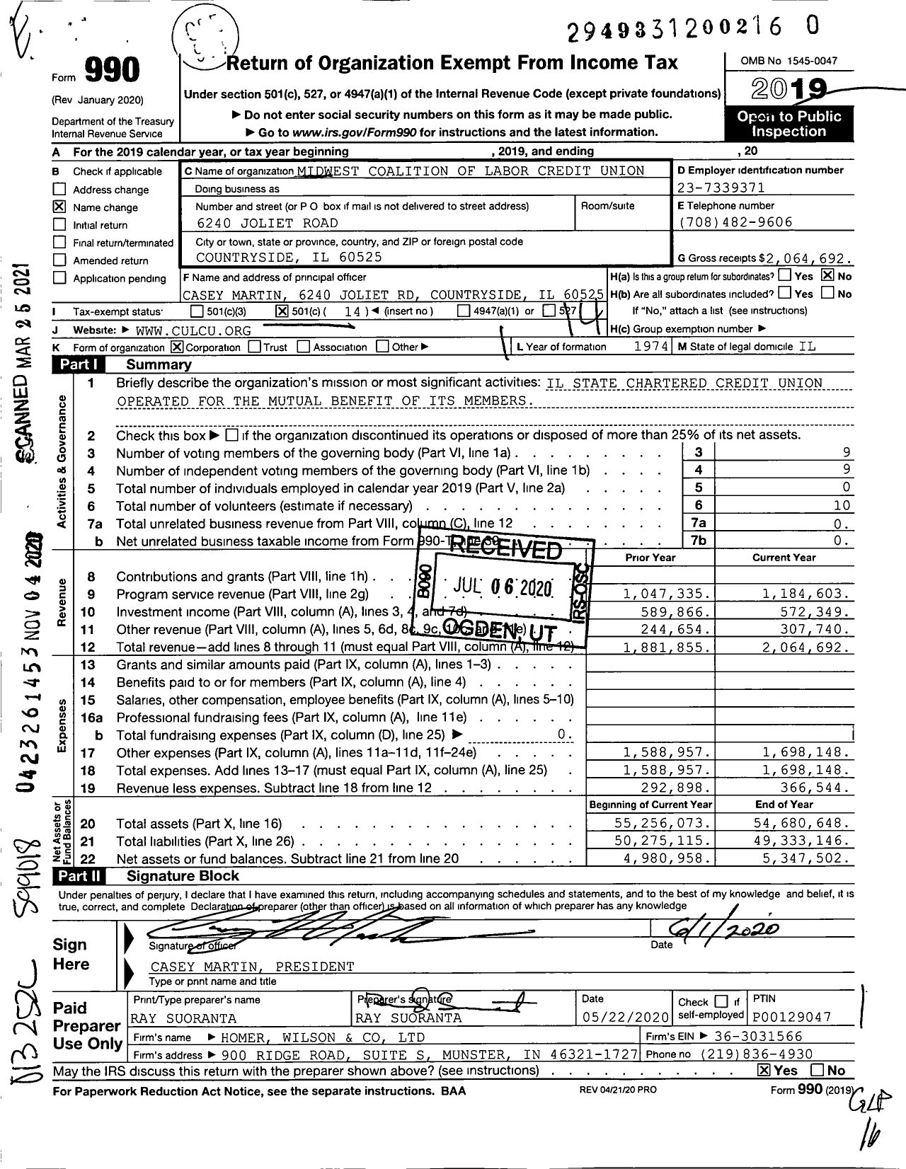 Image of first page of 2019 Form 990O for Midwest Coalition of Labor Credit Union