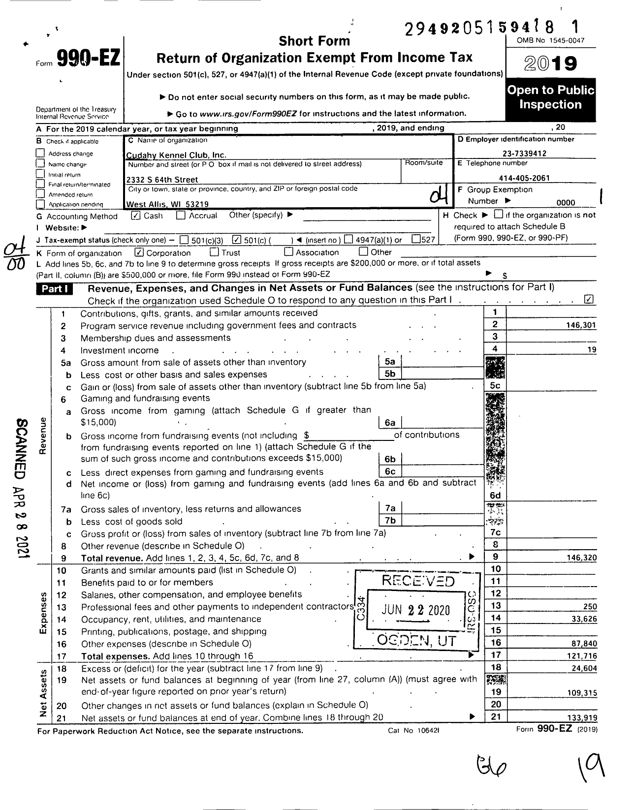 Image of first page of 2019 Form 990EO for Cudahy Kennel Club