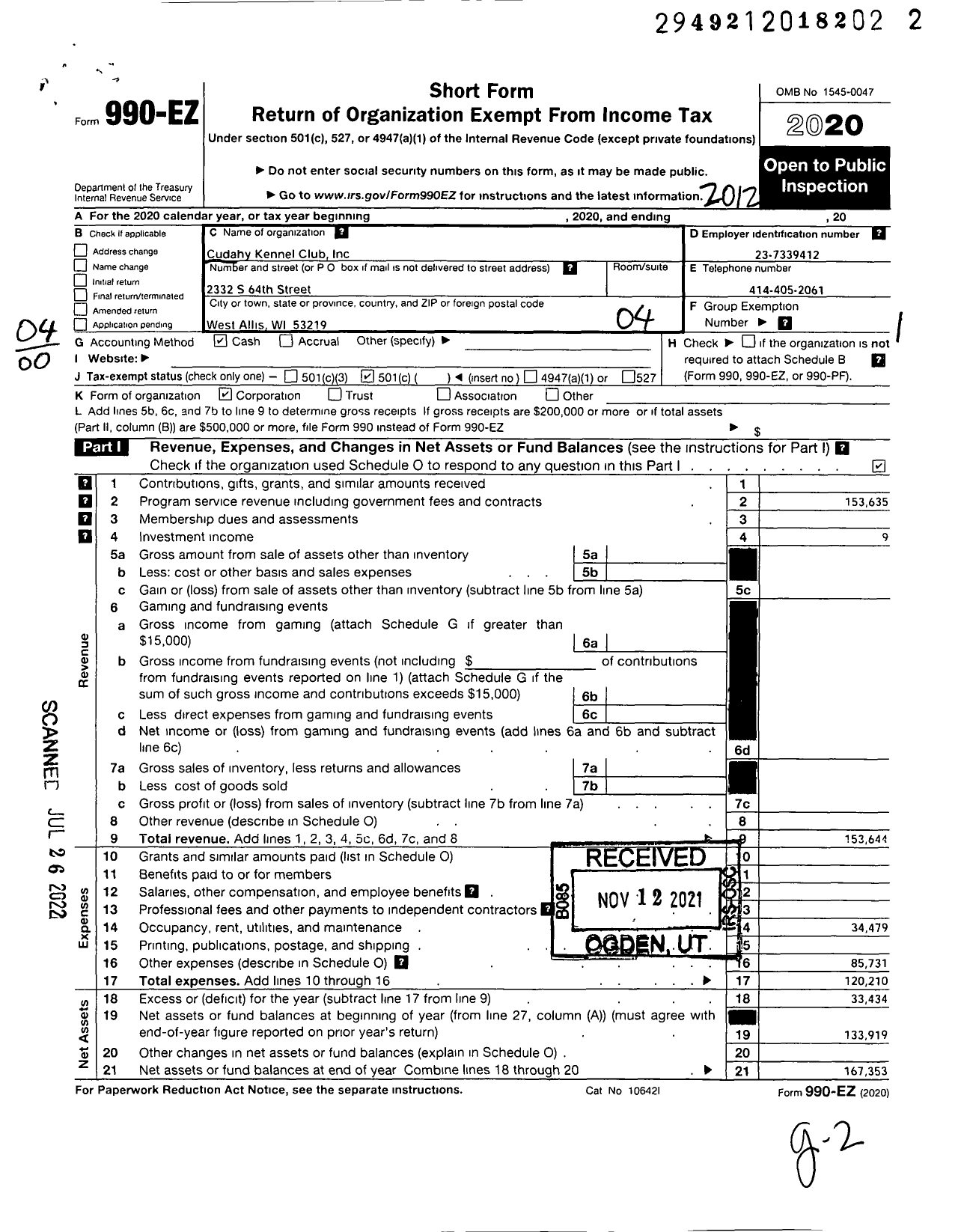 Image of first page of 2020 Form 990EO for Cudahy Kennel Club