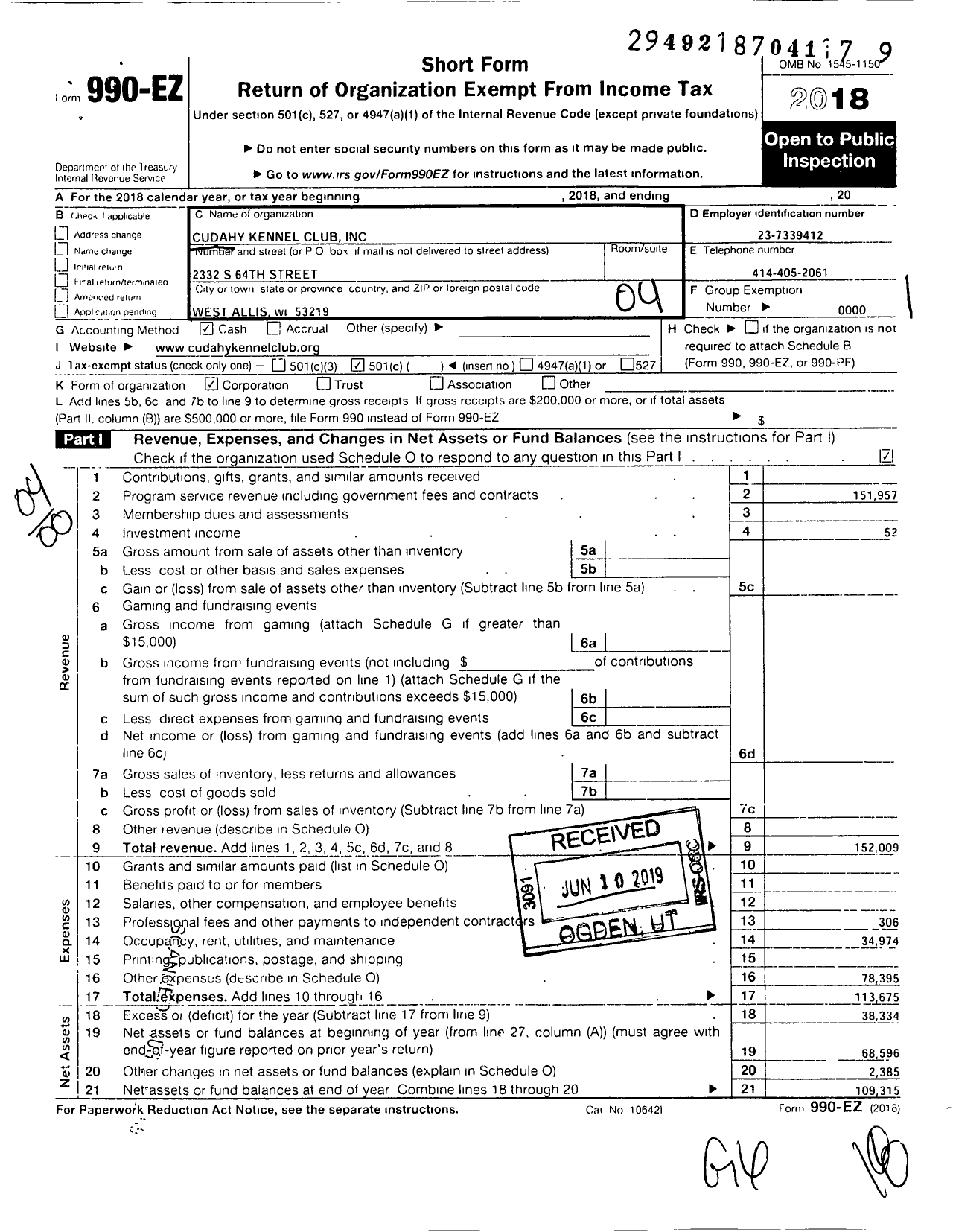 Image of first page of 2018 Form 990EO for Cudahy Kennel Club