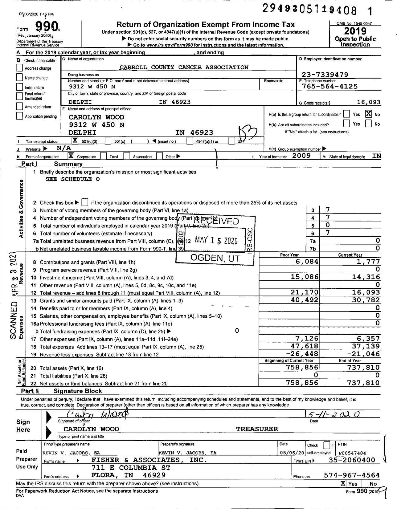 Image of first page of 2019 Form 990 for Carroll County Cancer Association