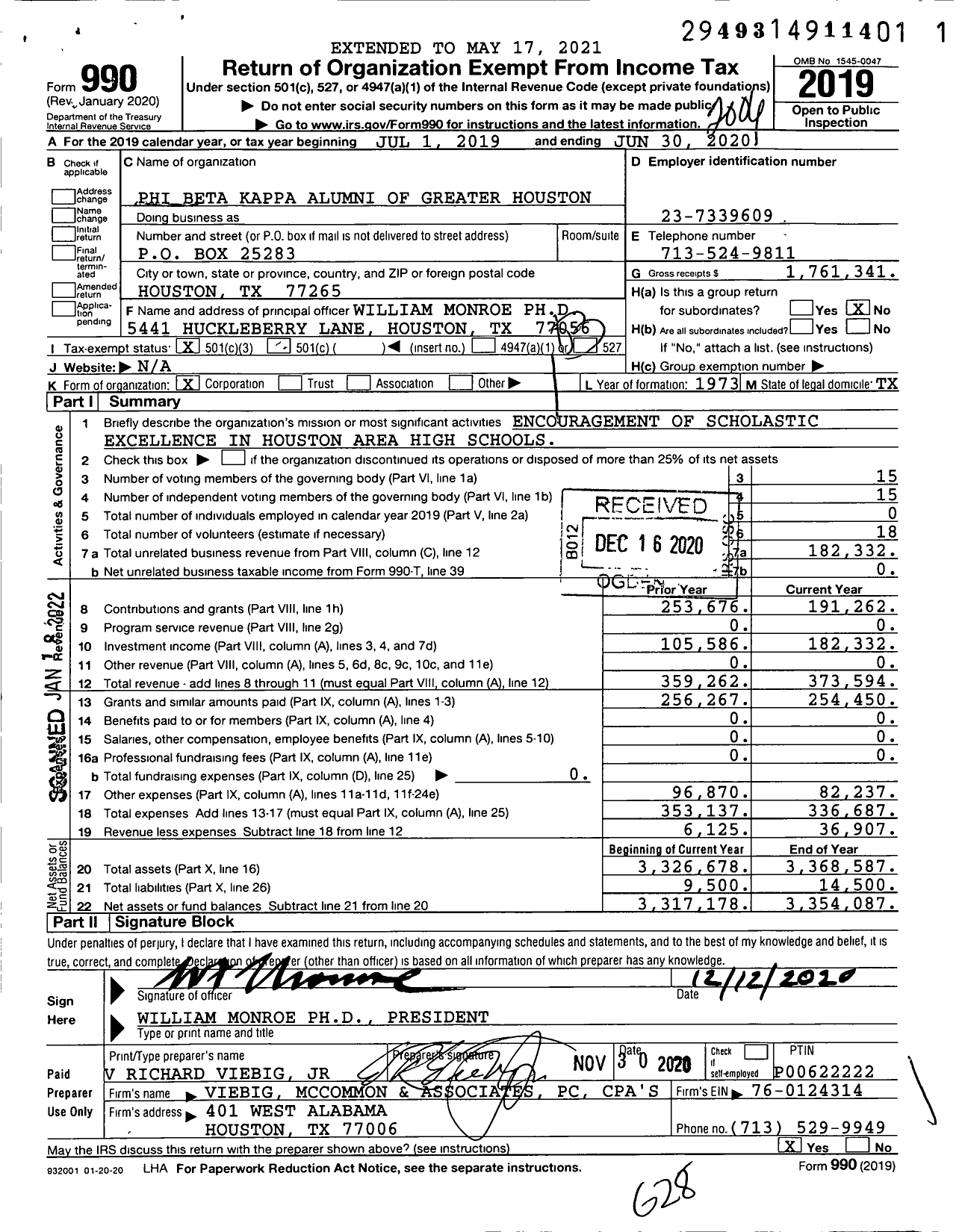 Image of first page of 2019 Form 990 for Phi Beta Kappa Society - Houston TX Association