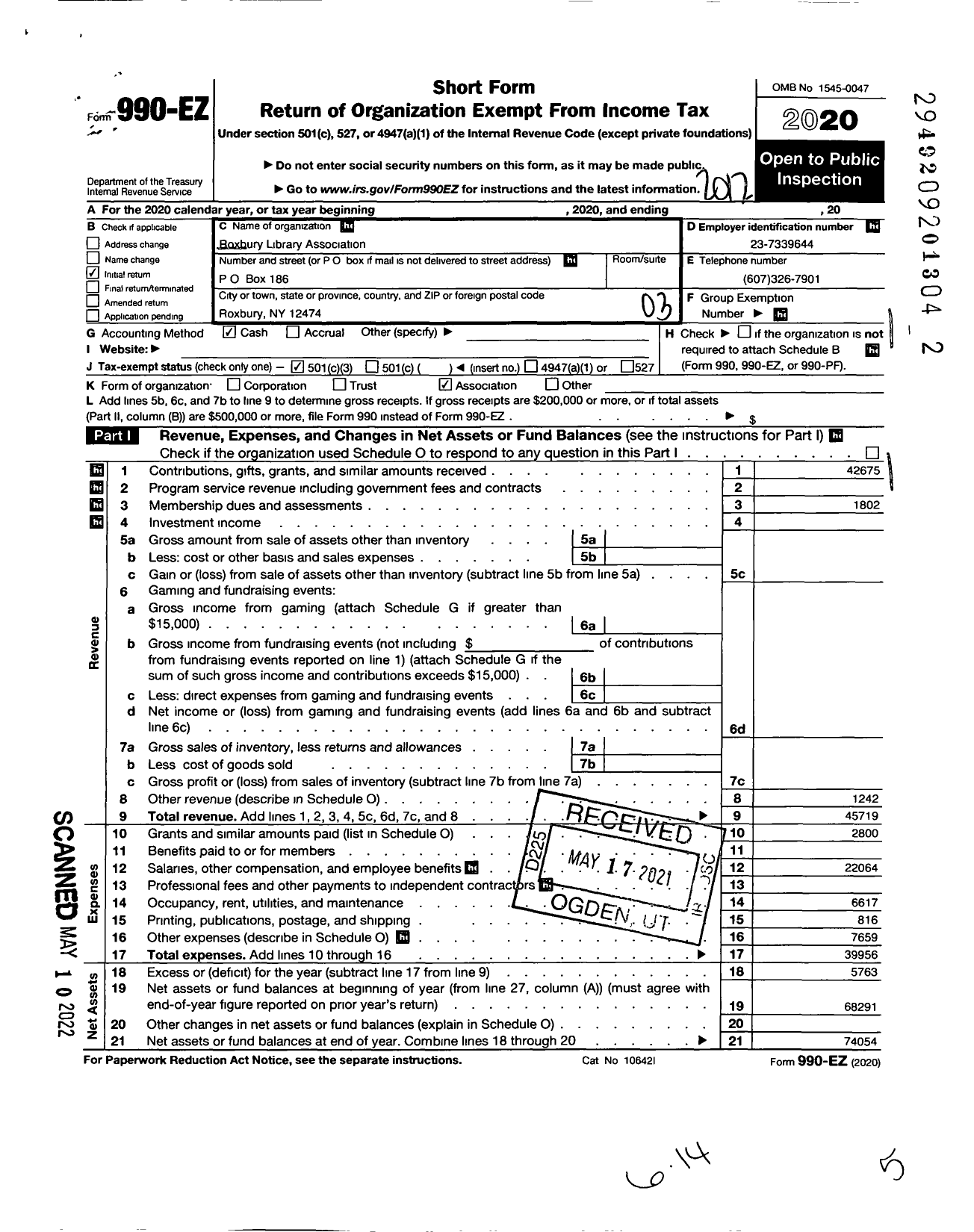 Image of first page of 2020 Form 990EZ for Roxbury Library