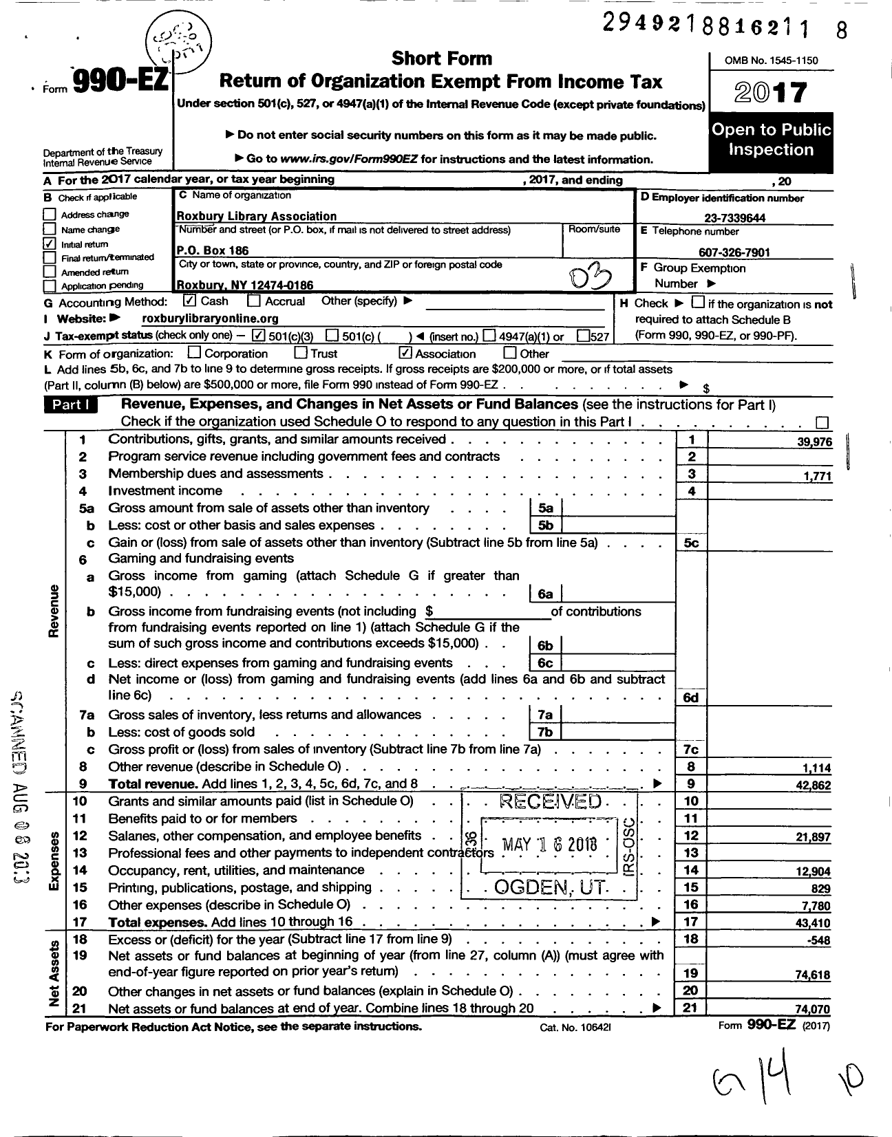 Image of first page of 2017 Form 990EZ for Roxbury Library