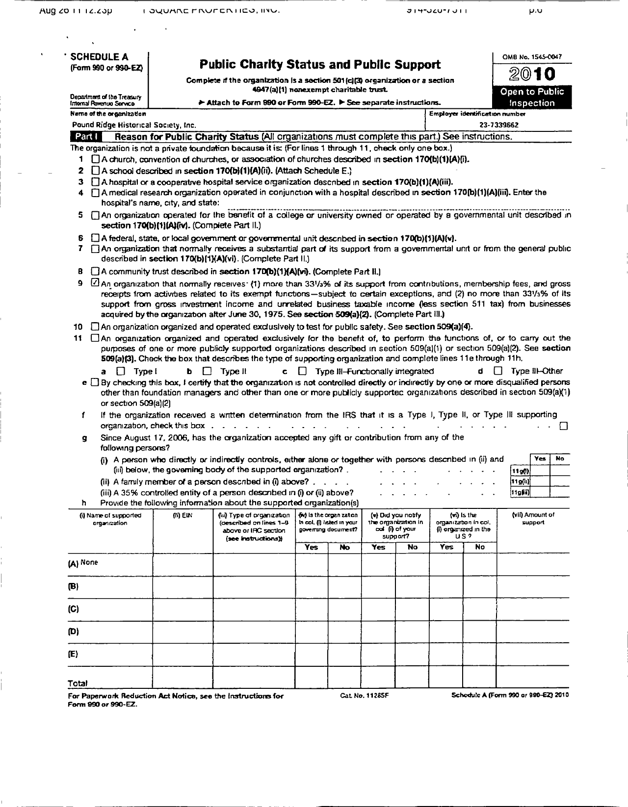 Image of first page of 2010 Form 990ER for Pound Ridge Ny Historical Society