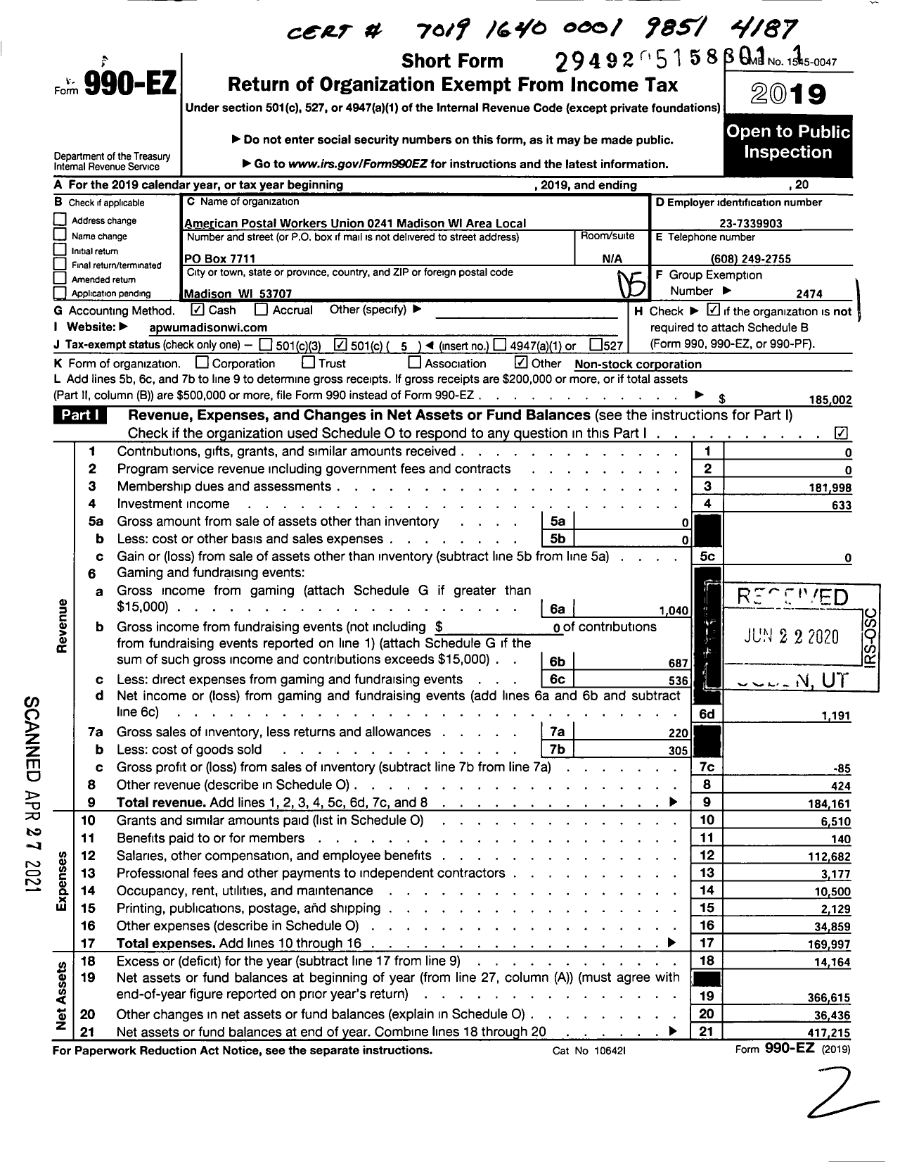 Image of first page of 2019 Form 990EO for American Postal Workers Union - 0241 Madison Wi Area Local