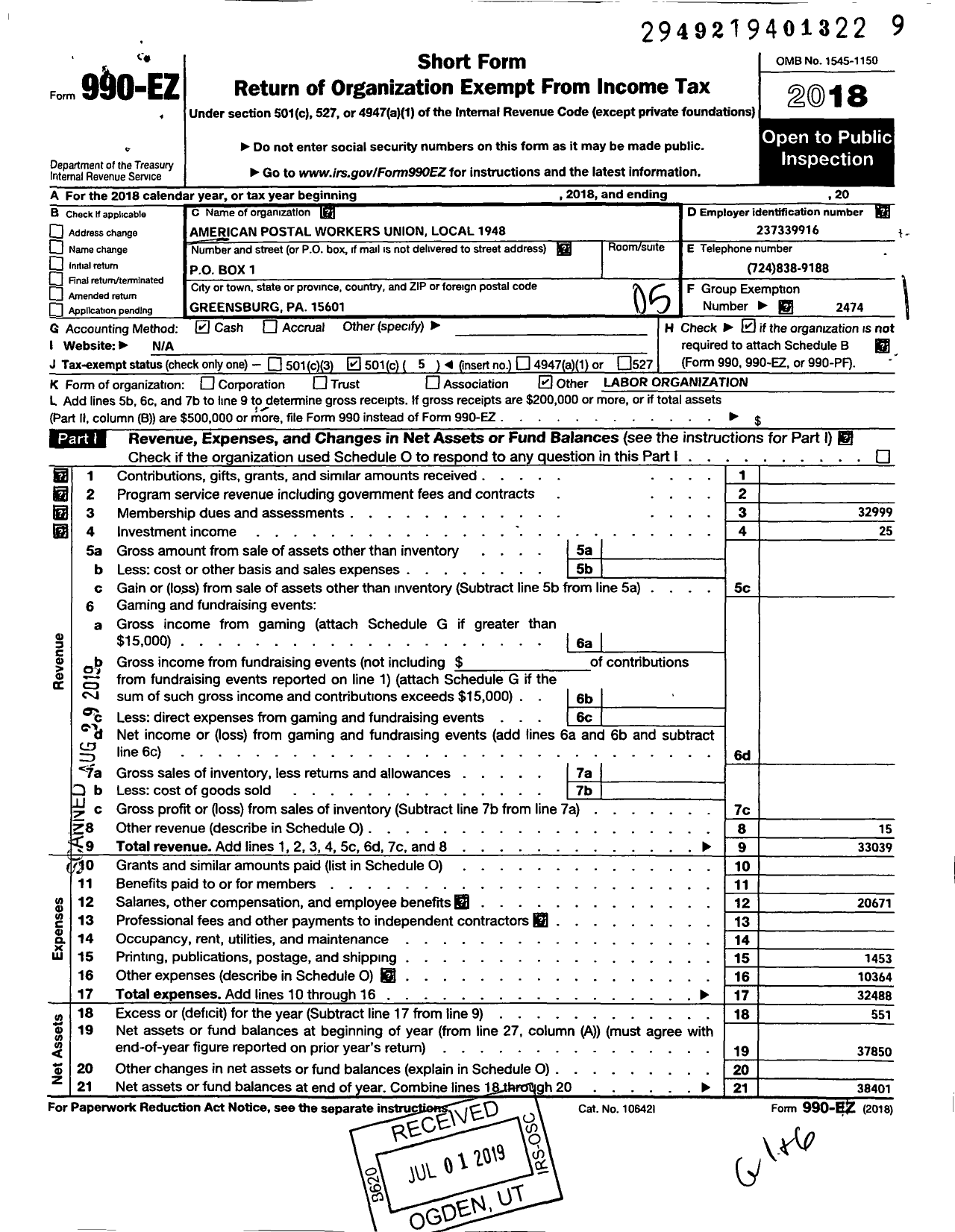 Image of first page of 2018 Form 990EO for American Postal Workers Union - 1948 Greensburg Foothills Area