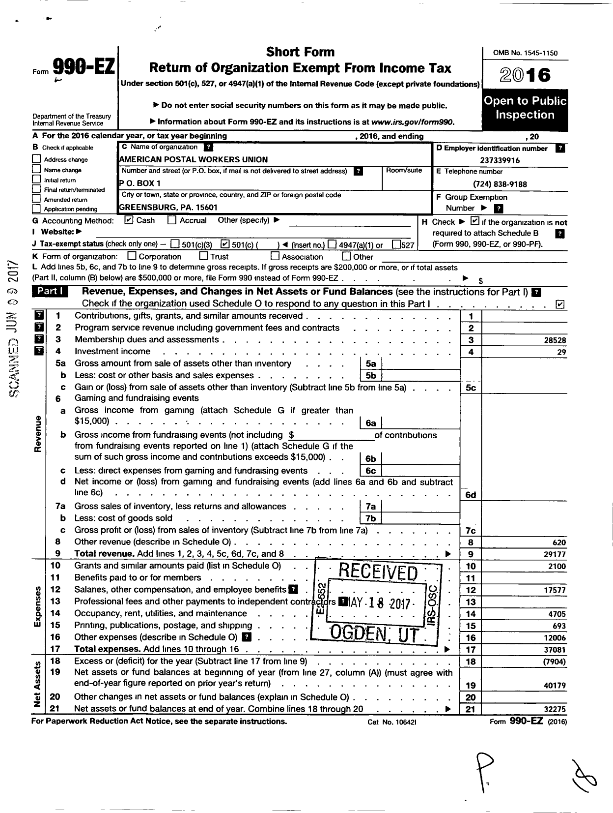 Image of first page of 2016 Form 990EO for American Postal Workers Union - 1948 Greensburg Foothills Area