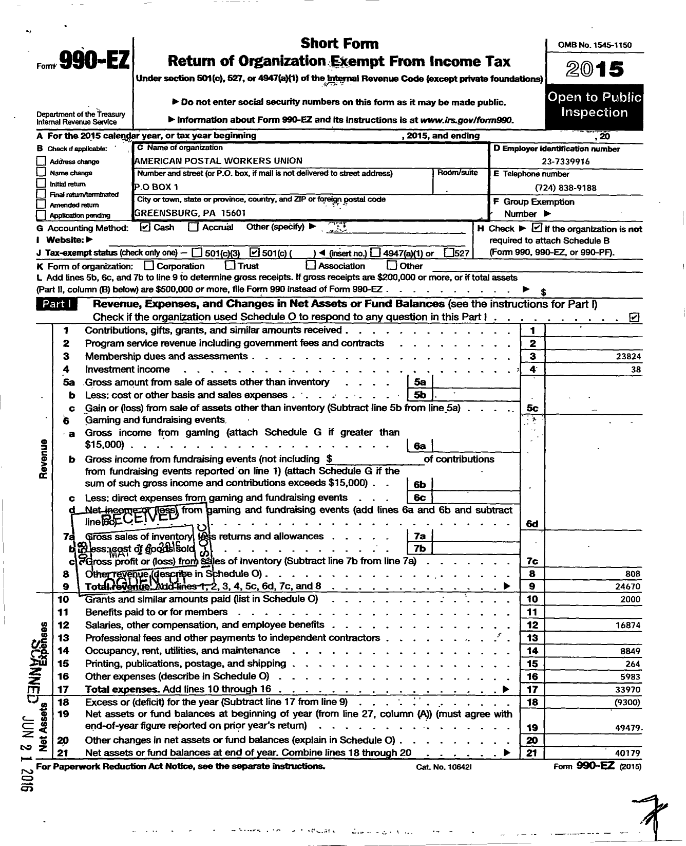 Image of first page of 2015 Form 990EO for American Postal Workers Union - 1948 Greensburg Foothills Area