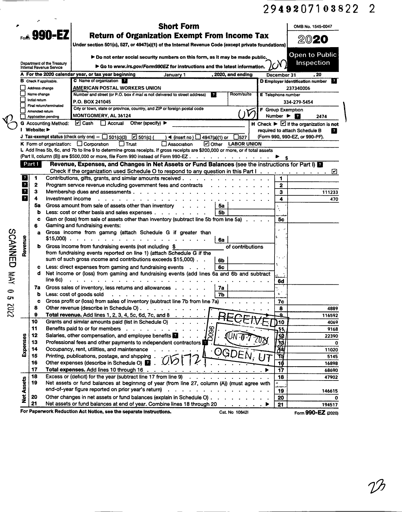 Image of first page of 2020 Form 990EO for American Postal Workers Union - 323 Montgomery Area Local