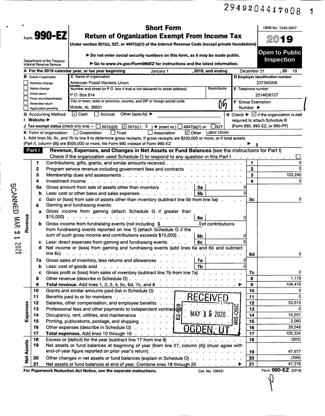 Image of first page of 2019 Form 990EO for AMERICAN POSTAL WORKERS UNION - 715 South Alabama POSTAL WORKERS