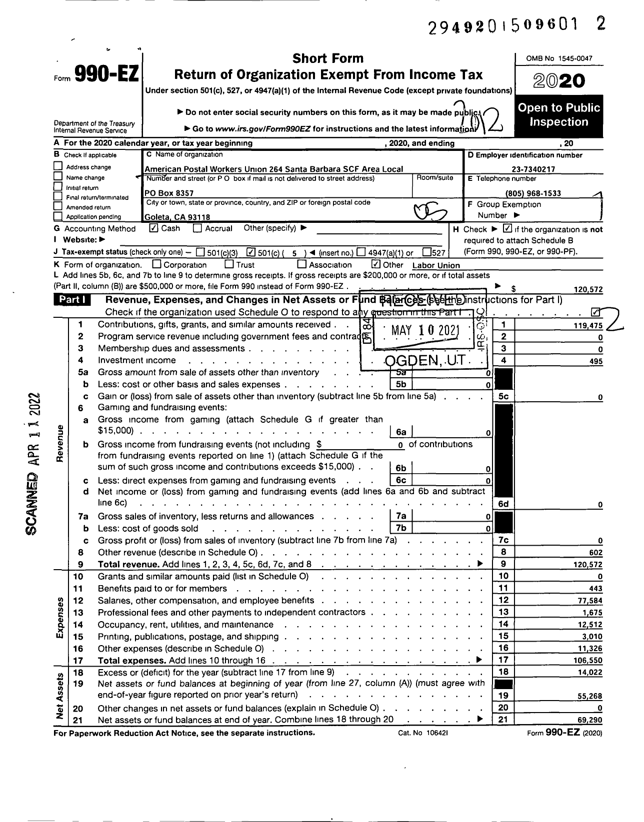 Image of first page of 2020 Form 990EO for AMERICAN POSTAL WORKERS UNION - 264 Santa Barbara SCF Area Local