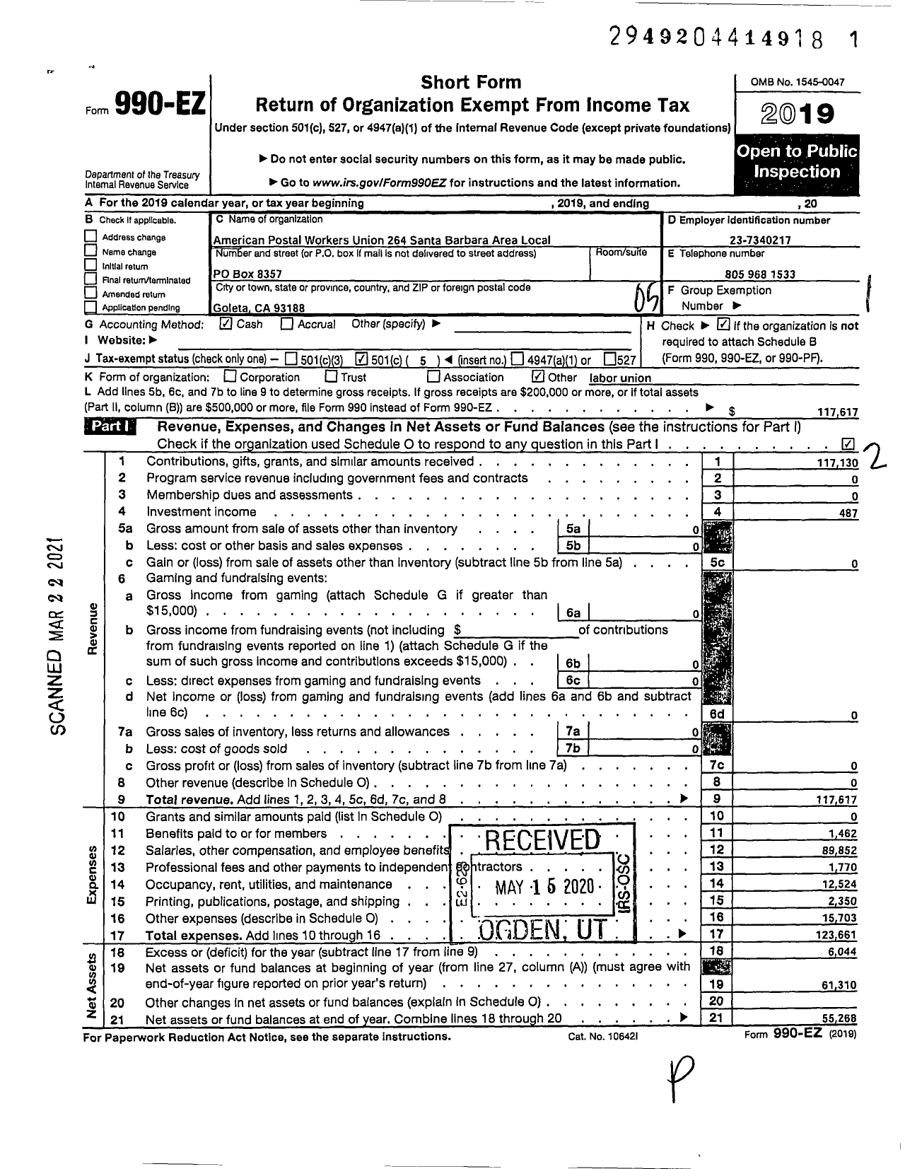 Image of first page of 2019 Form 990EO for AMERICAN POSTAL WORKERS UNION - 264 Santa Barbara SCF Area Local