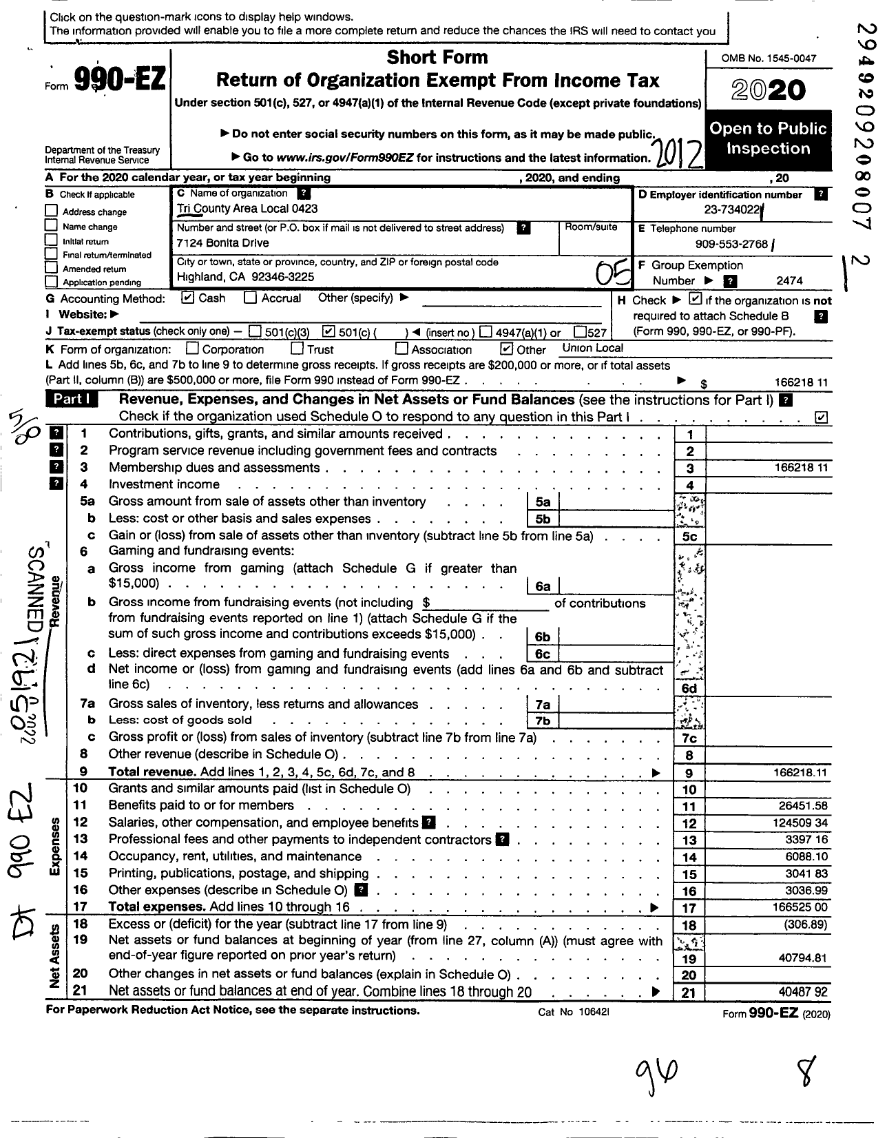 Image of first page of 2020 Form 990EO for AMERICAN POSTAL WORKERS UNION - 423 Tri County Area Local