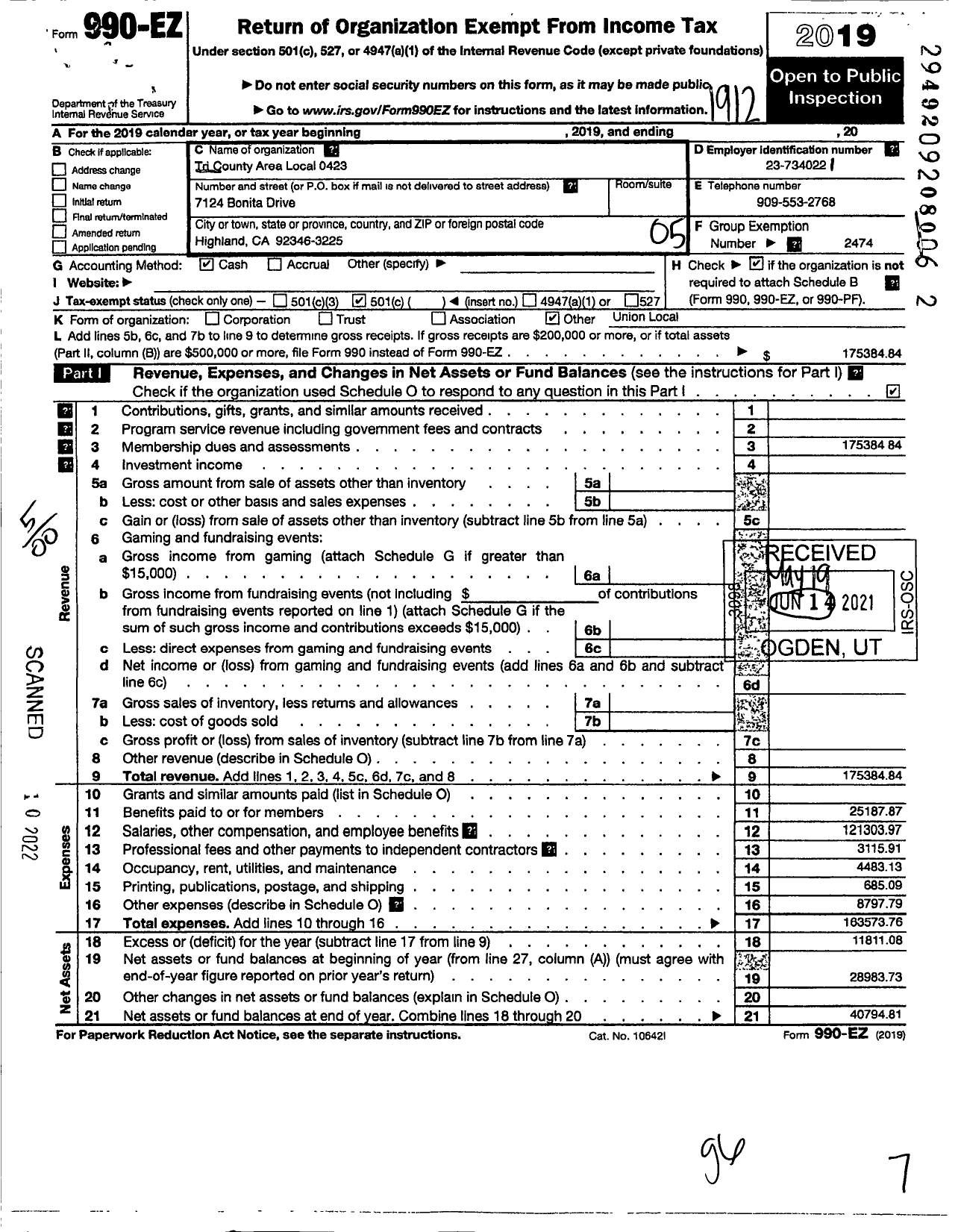 Image of first page of 2019 Form 990EO for AMERICAN POSTAL WORKERS UNION - 423 Tri County Area Local