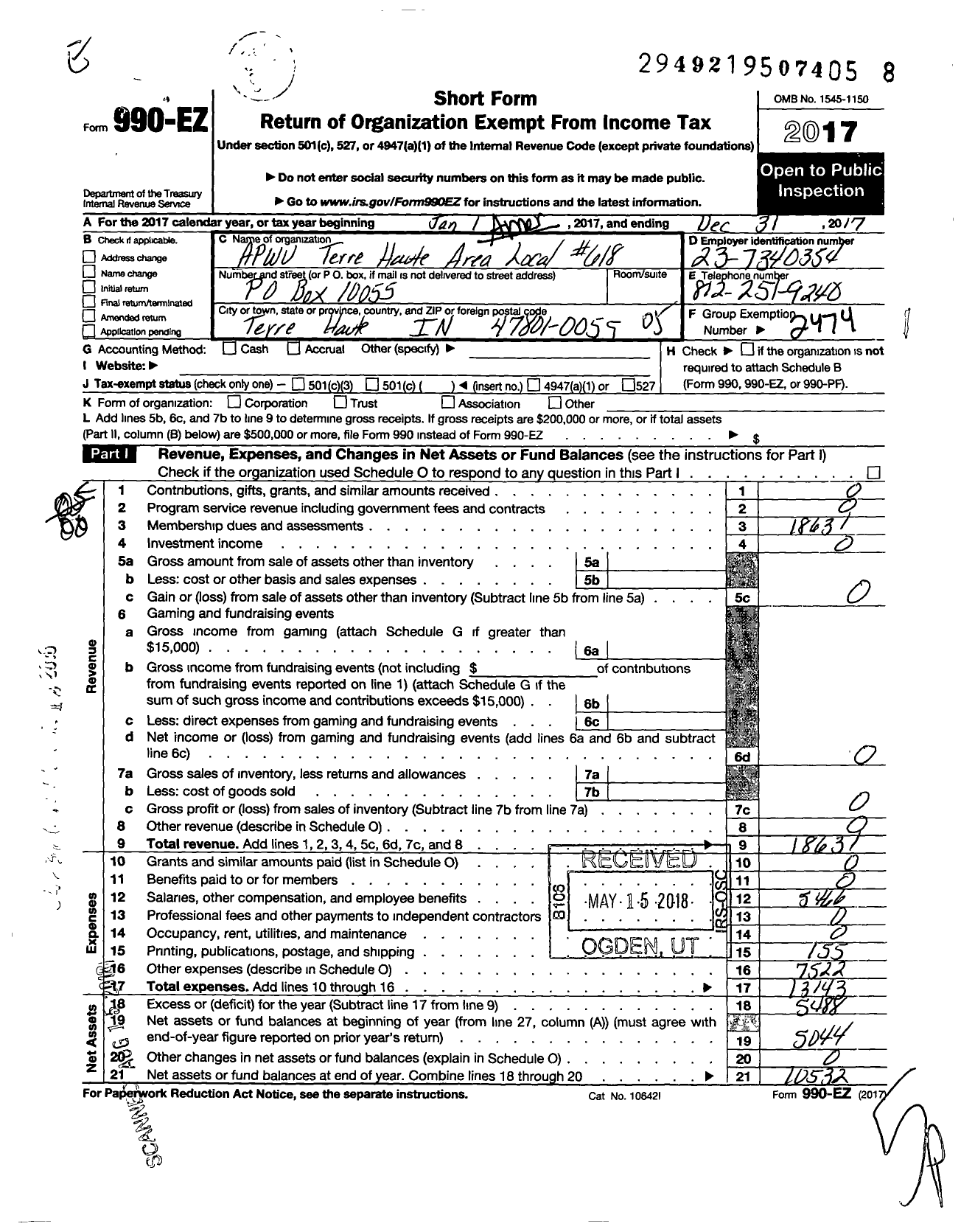 Image of first page of 2017 Form 990EO for American Postal Workers Union - Terre Haute Area Local 618