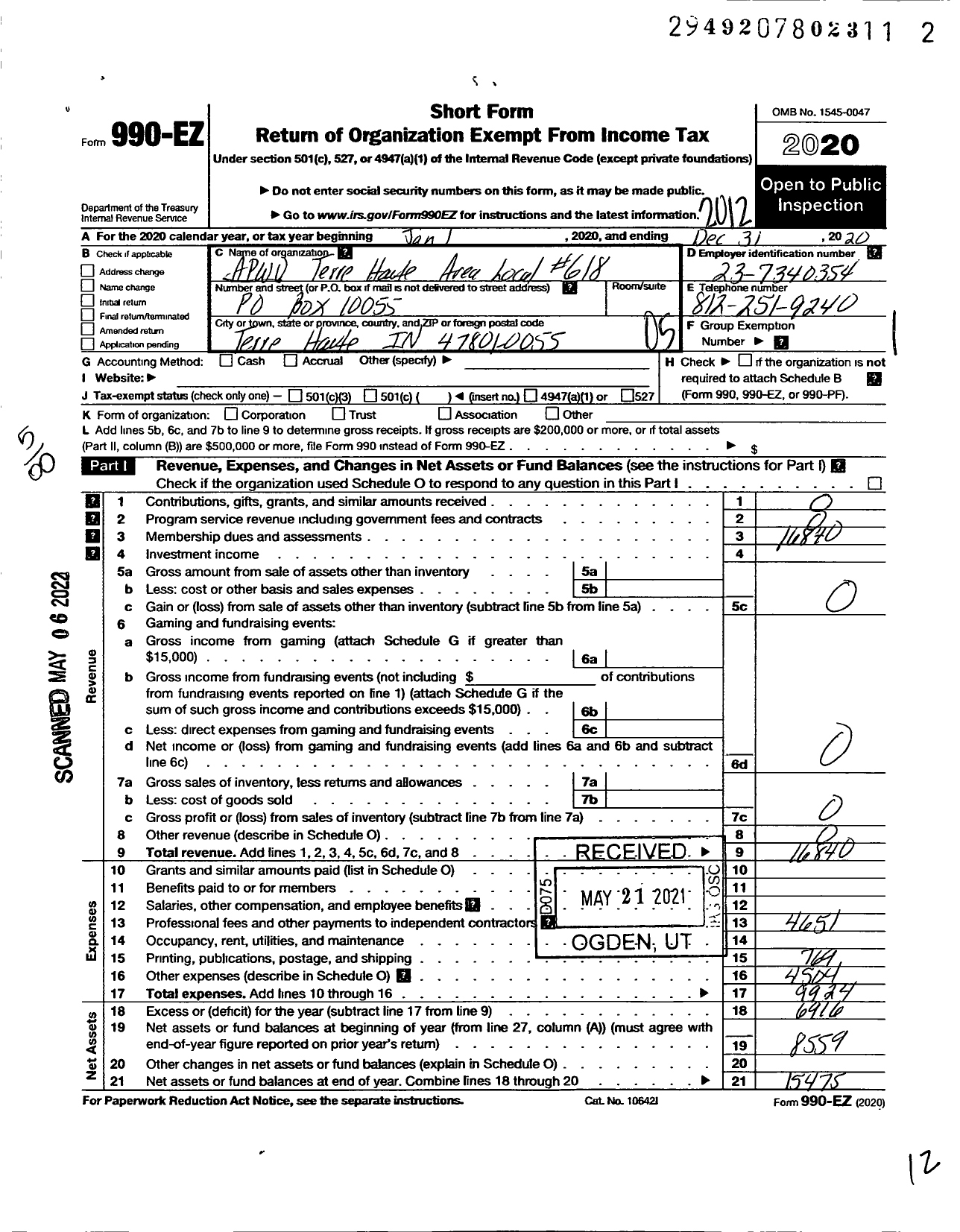 Image of first page of 2020 Form 990EO for American Postal Workers Union - Terre Haute Area Local 618