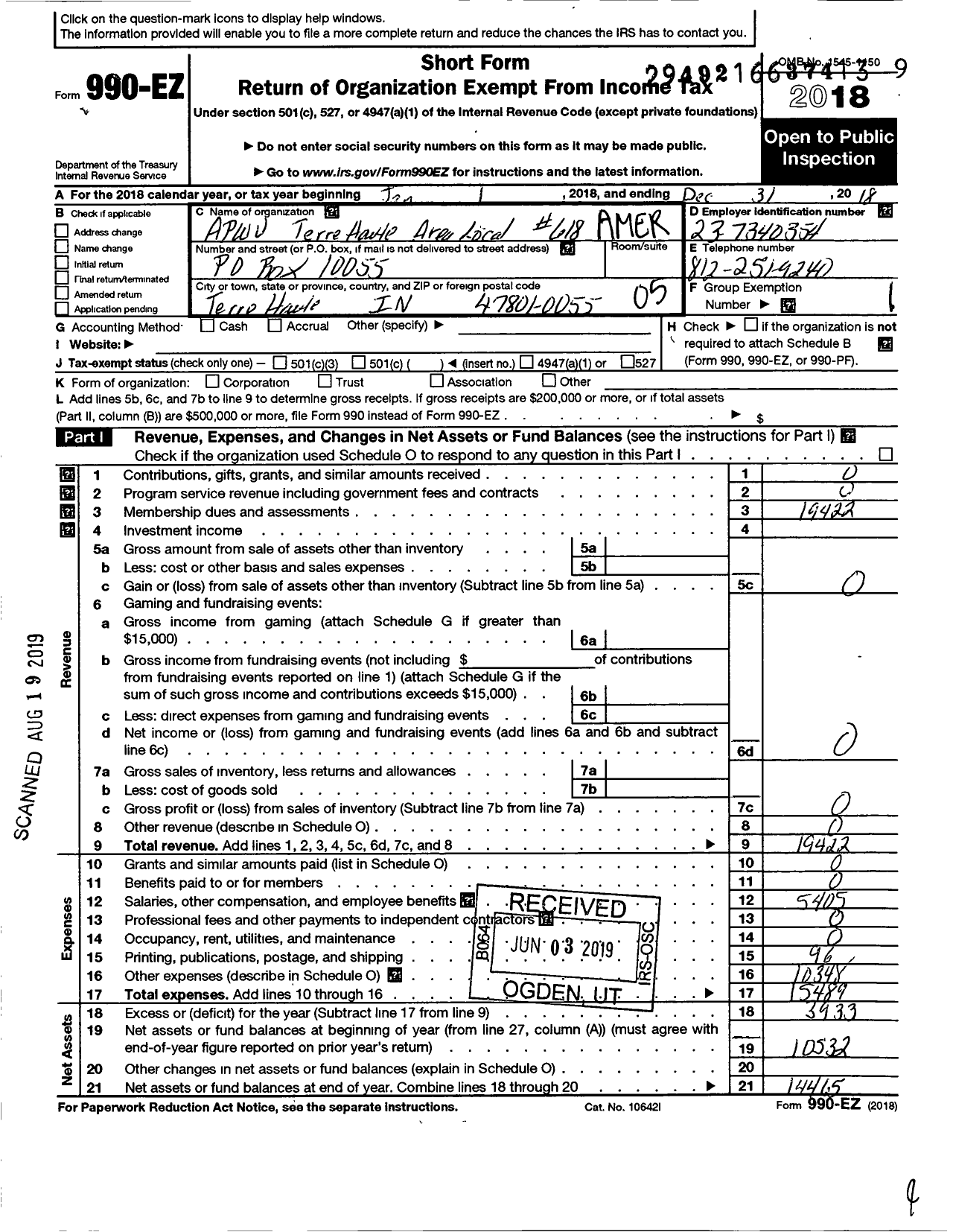 Image of first page of 2018 Form 990EO for American Postal Workers Union - Terre Haute Area Local 618
