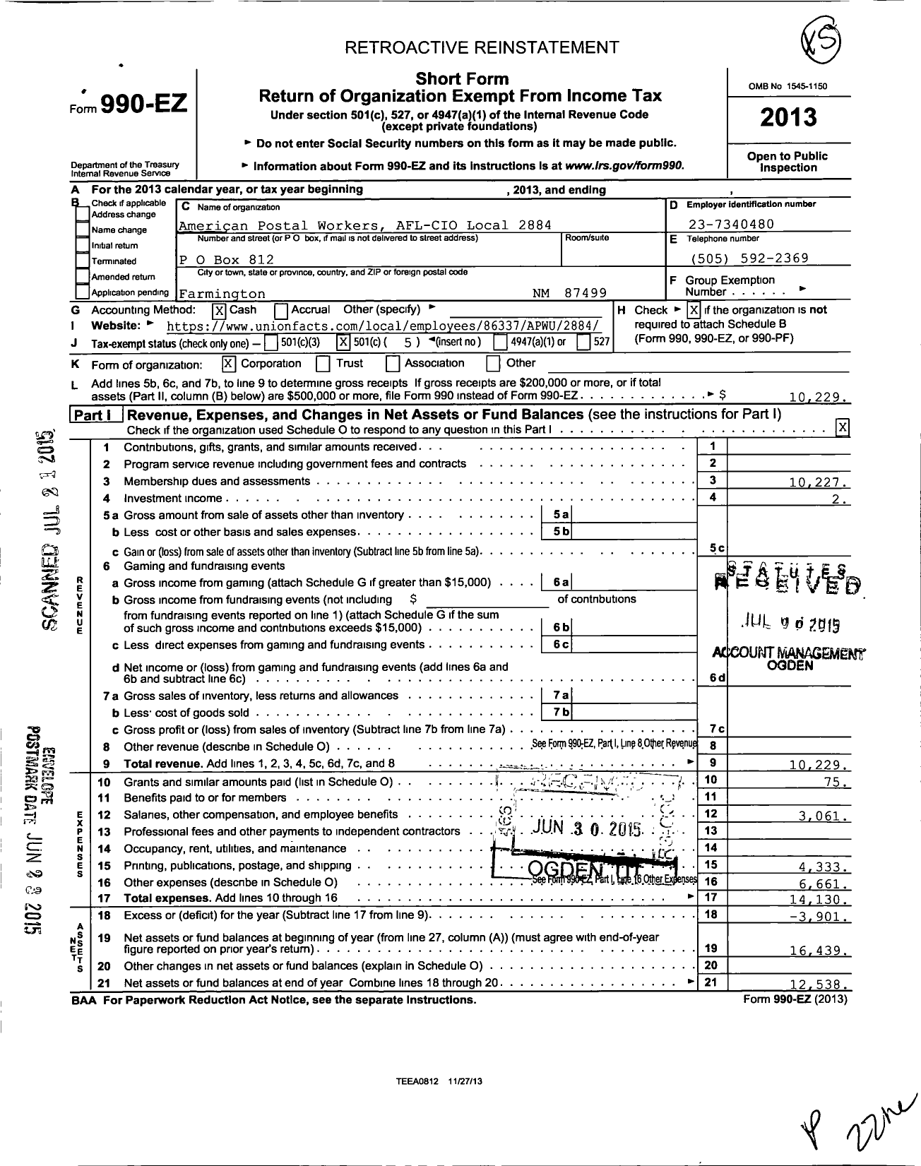 Image of first page of 2013 Form 990EO for American Postal Workers Union - 2884 Farmington Local