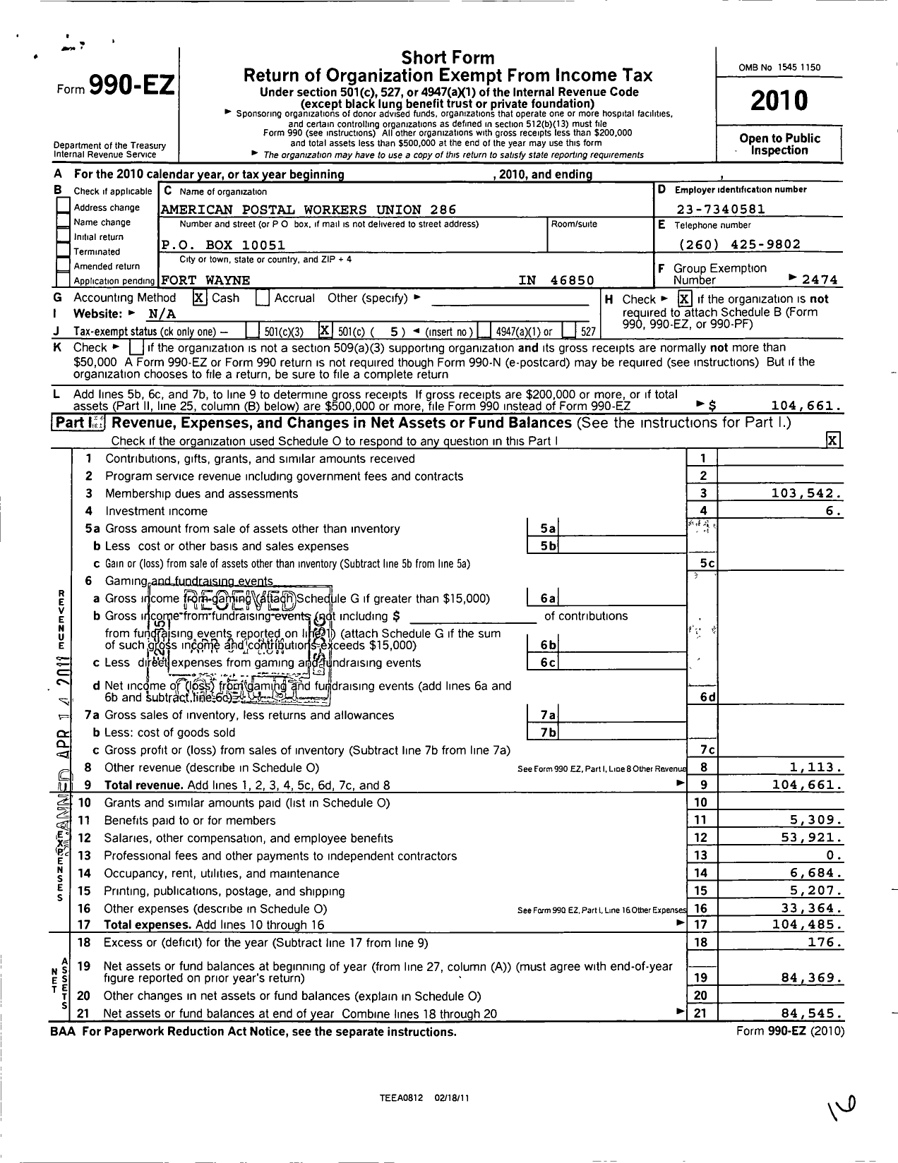 Image of first page of 2010 Form 990EO for American Postal Workers Union / 286 Fort Wayne Area Local