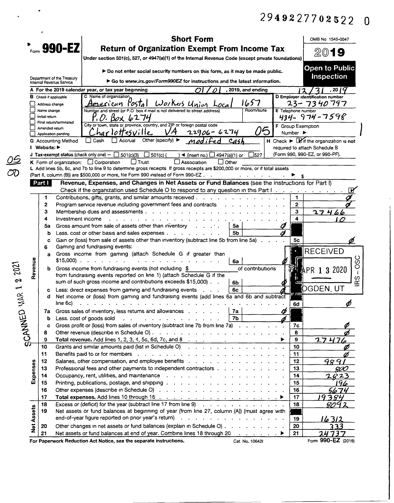 Image of first page of 2019 Form 990EO for American Postal Workers Union - 1657 Charlottesville Area Local