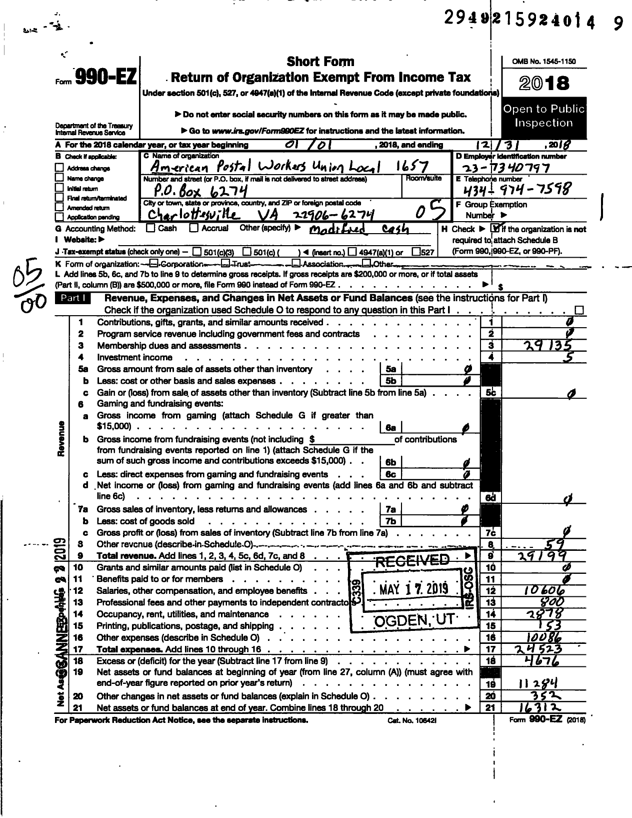 Image of first page of 2018 Form 990EO for American Postal Workers Union - 1657 Charlottesville Area Local
