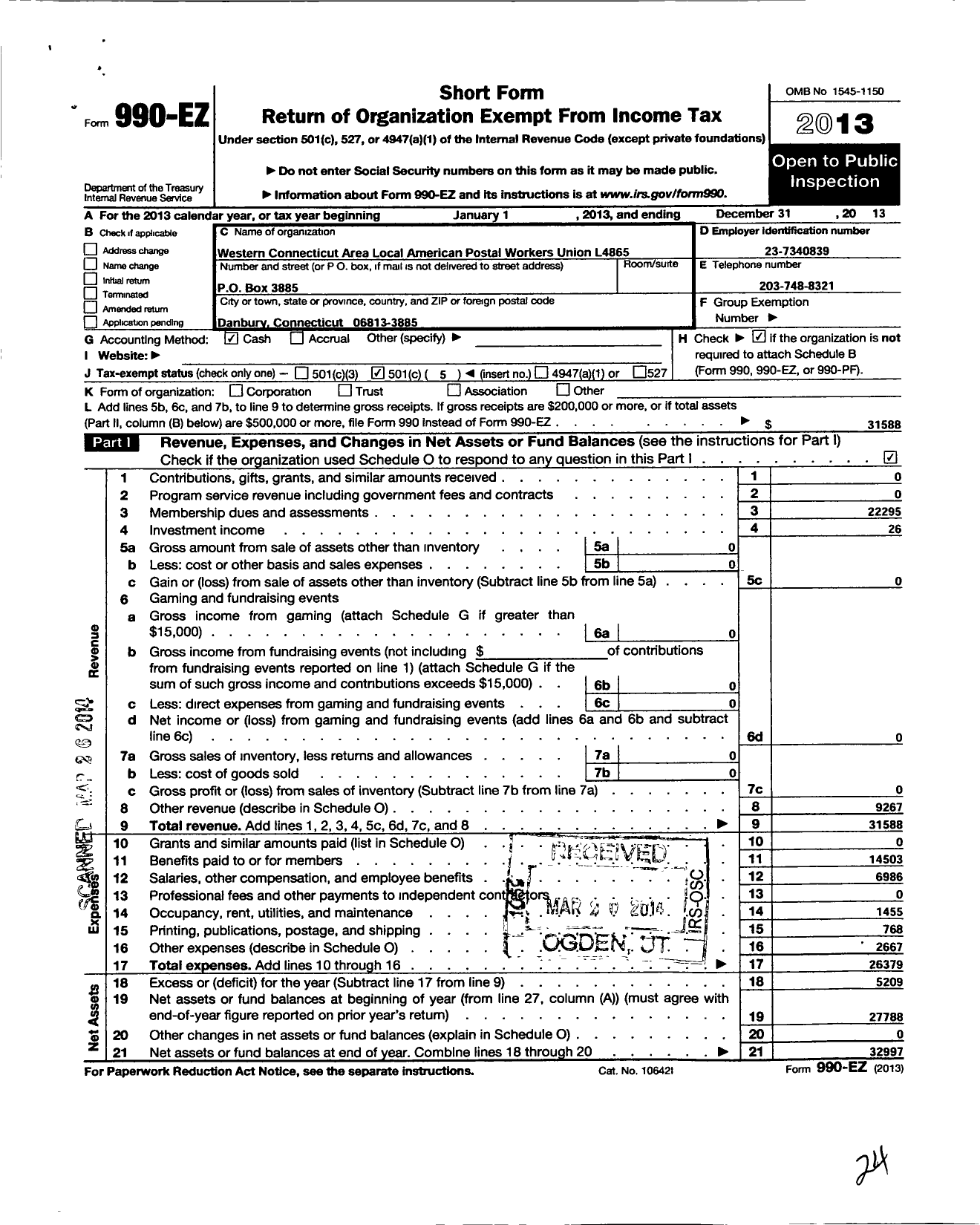 Image of first page of 2013 Form 990EO for American Postal Workers Union - 4865 West Connecticut Al