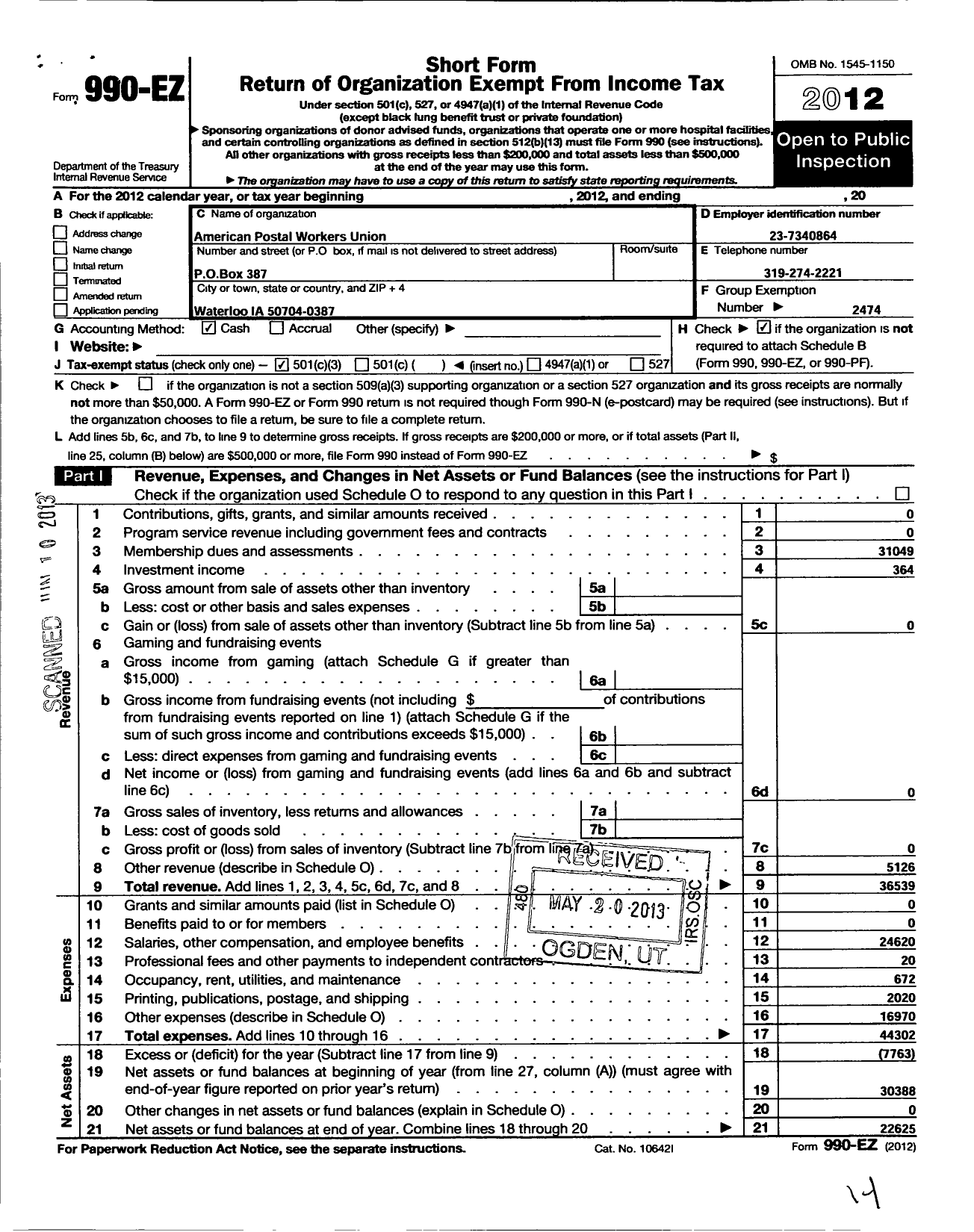 Image of first page of 2012 Form 990EZ for American Postal Workers Union