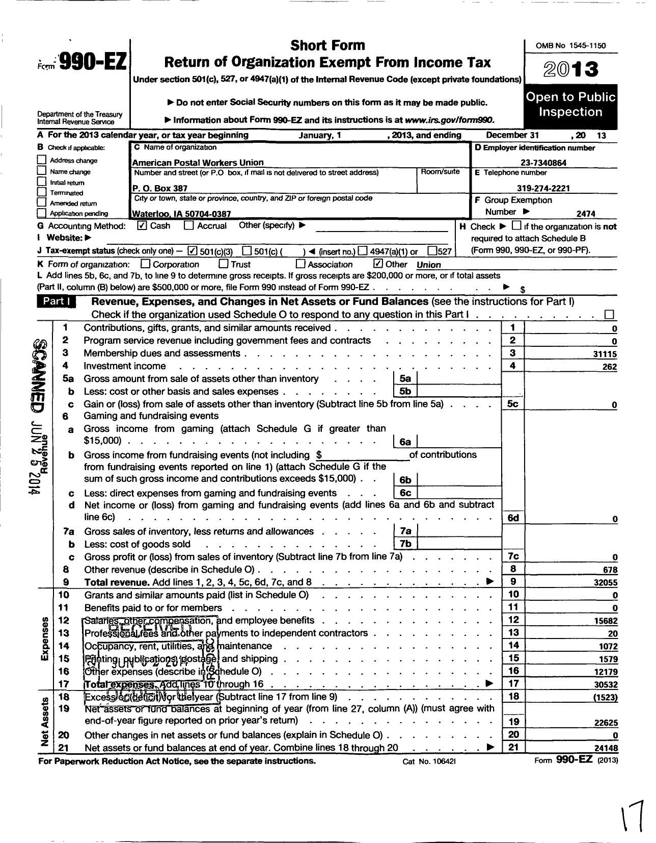 Image of first page of 2013 Form 990EZ for American Postal Workers Union