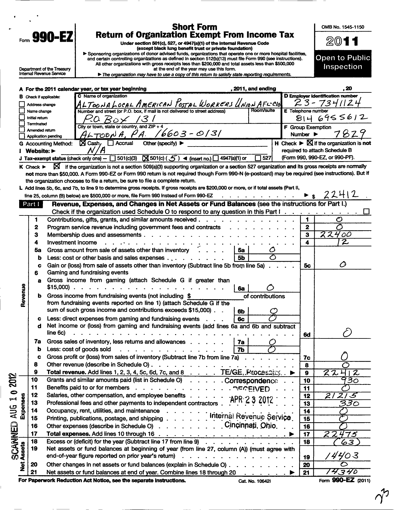 Image of first page of 2011 Form 990EO for American Postal Workers Union 776