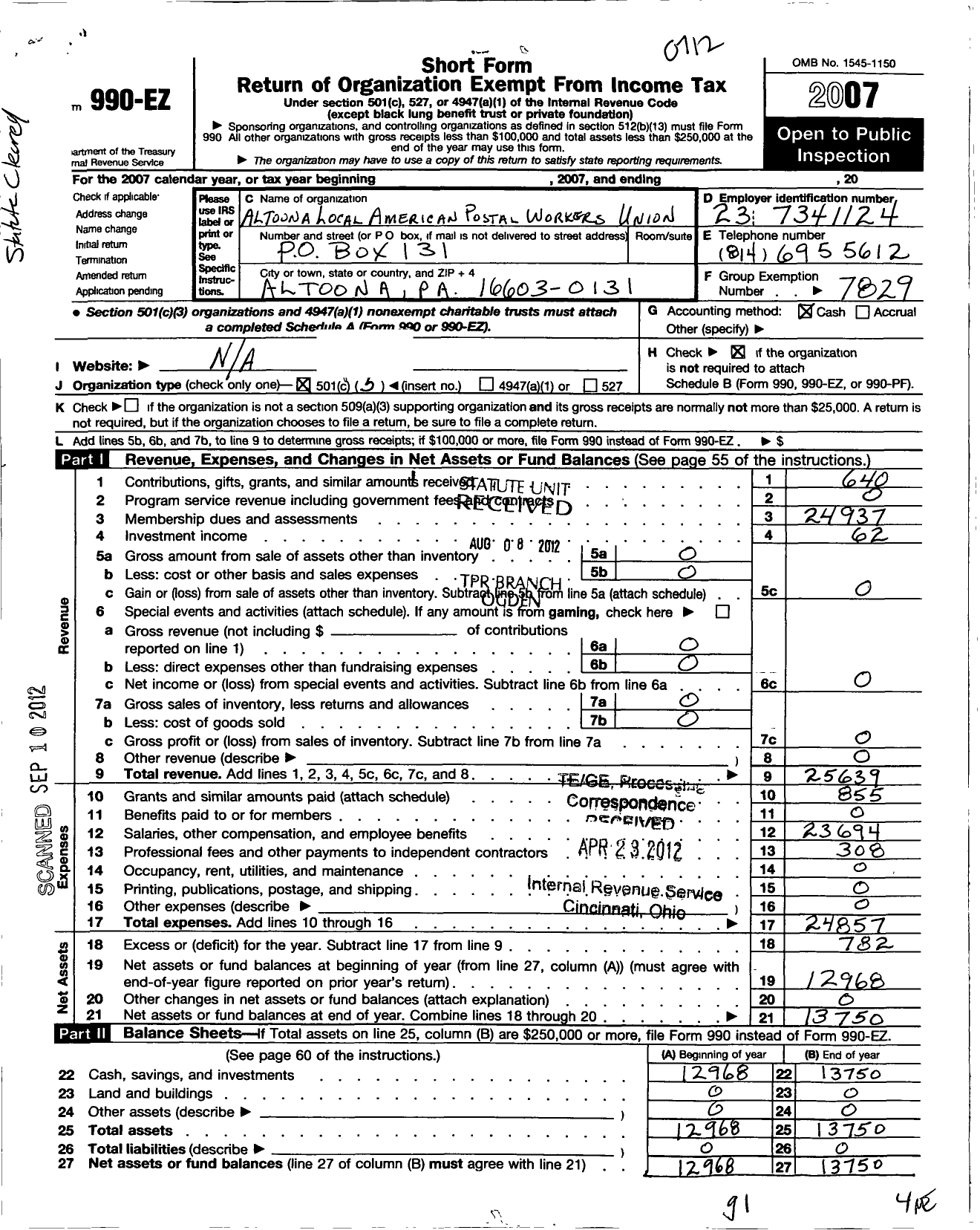 Image of first page of 2007 Form 990EO for American Postal Workers Union 776