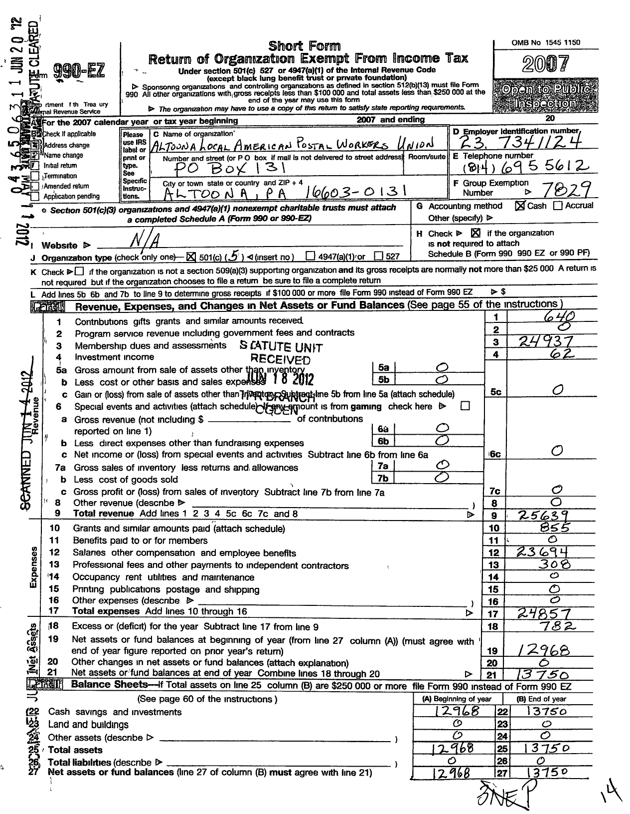 Image of first page of 2007 Form 990EO for American Postal Workers Union 776