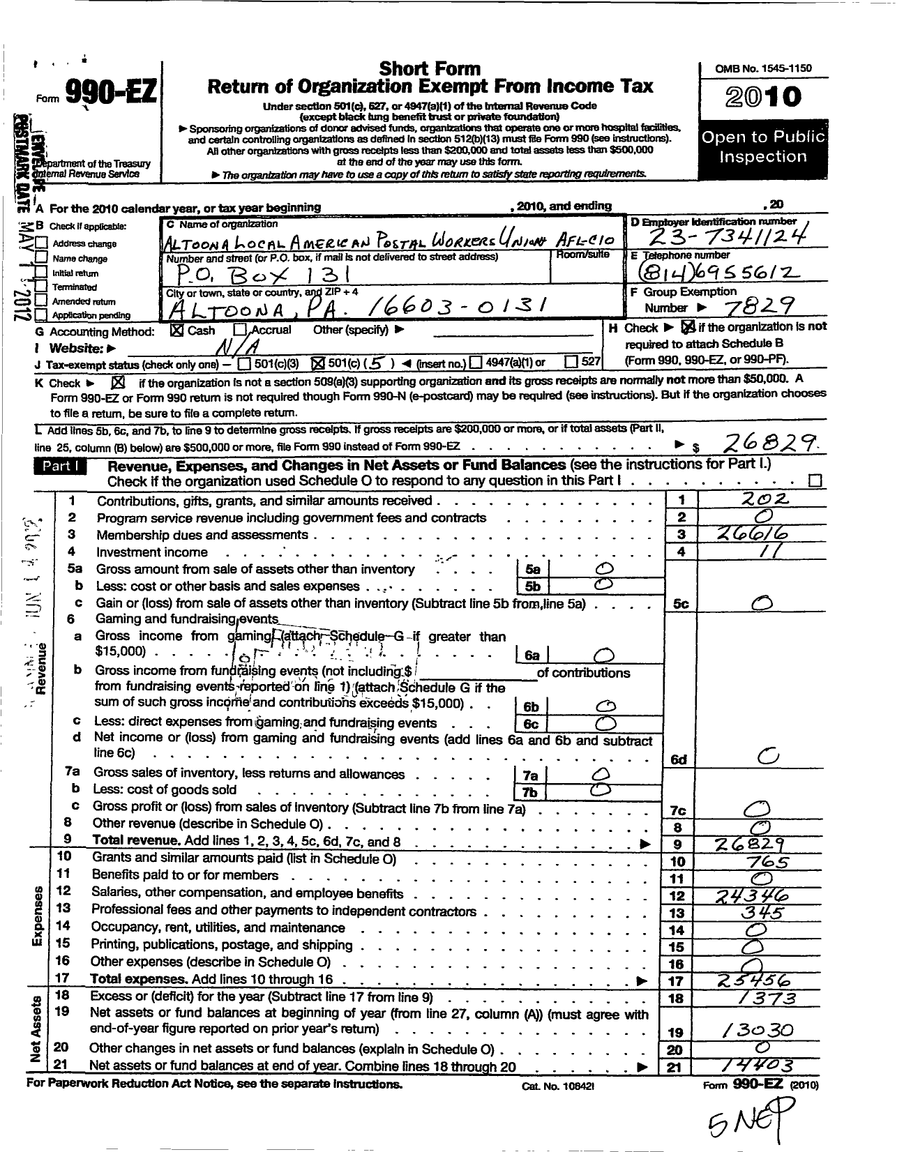 Image of first page of 2010 Form 990EO for American Postal Workers Union 776