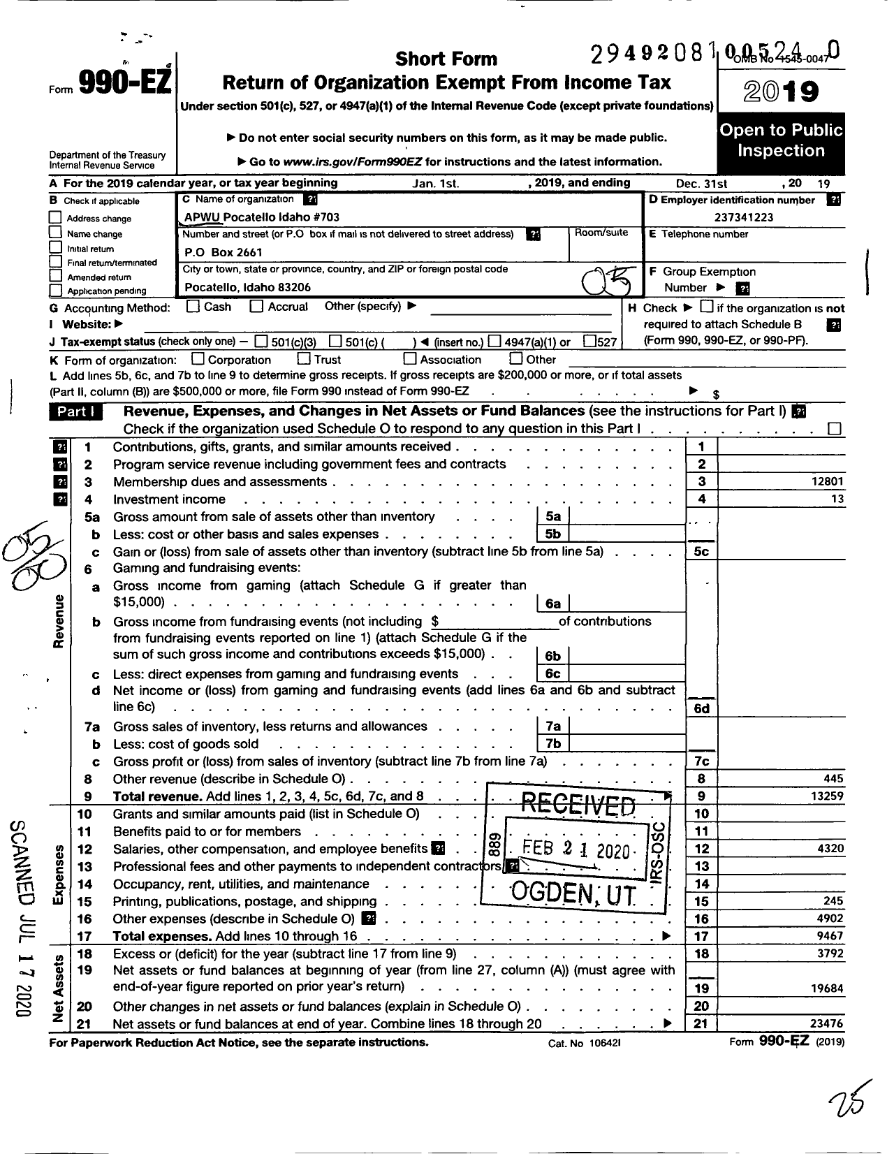 Image of first page of 2019 Form 990EO for American Postal Workers Union - 703 Pocatello Local