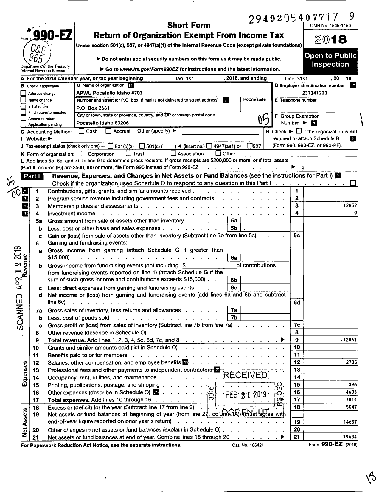 Image of first page of 2018 Form 990EO for American Postal Workers Union - 703 Pocatello Local