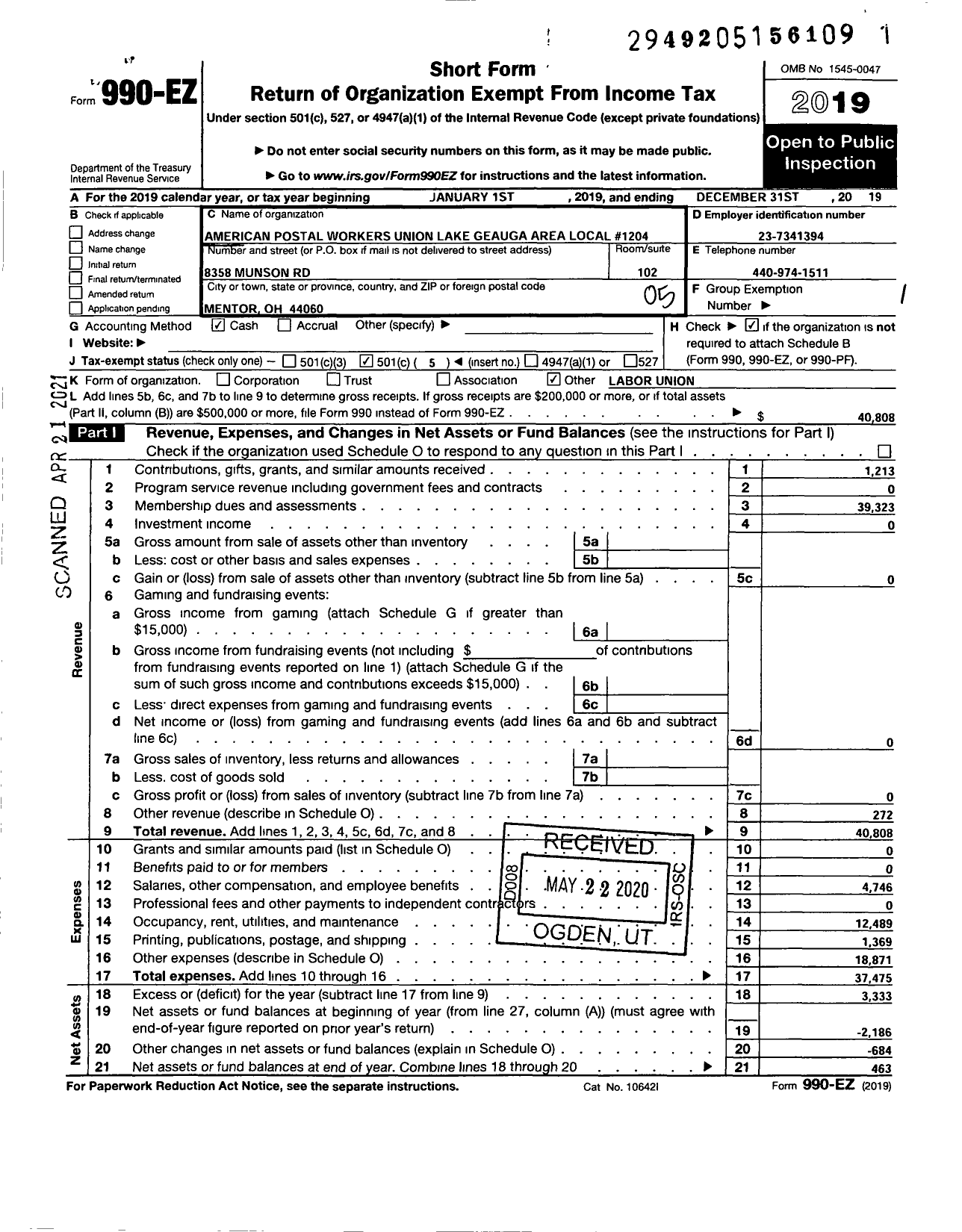 Image of first page of 2019 Form 990EO for American Postal Workers Union - 1204 Lake Geauga Area Local