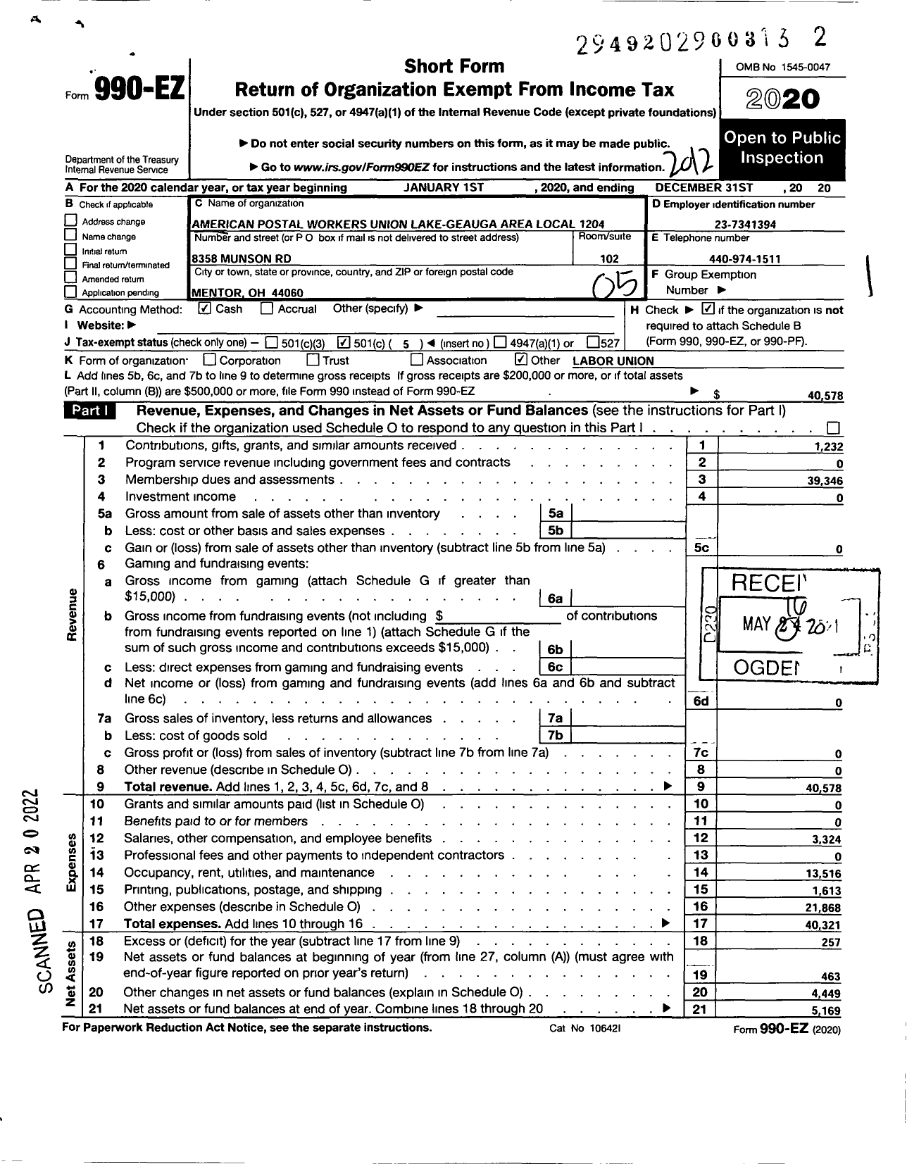 Image of first page of 2020 Form 990EO for American Postal Workers Union - 1204 Lake Geauga Area Local