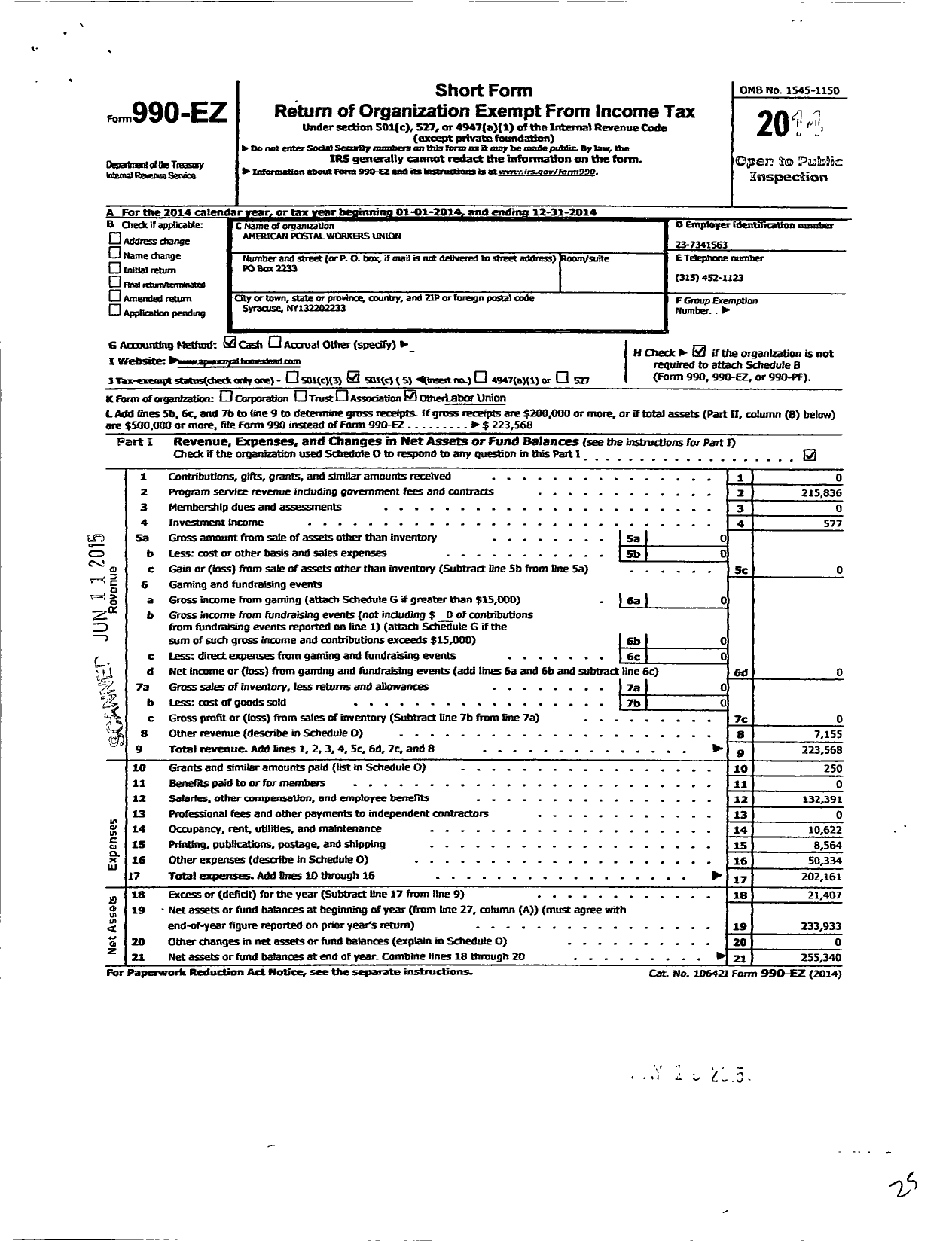Image of first page of 2014 Form 990EO for American Postal Workers Union