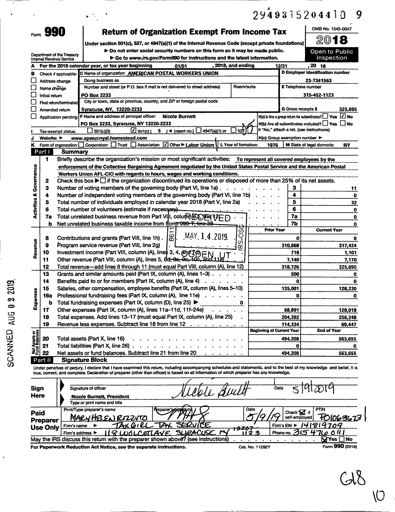 Image of first page of 2018 Form 990O for American Postal Workers Union