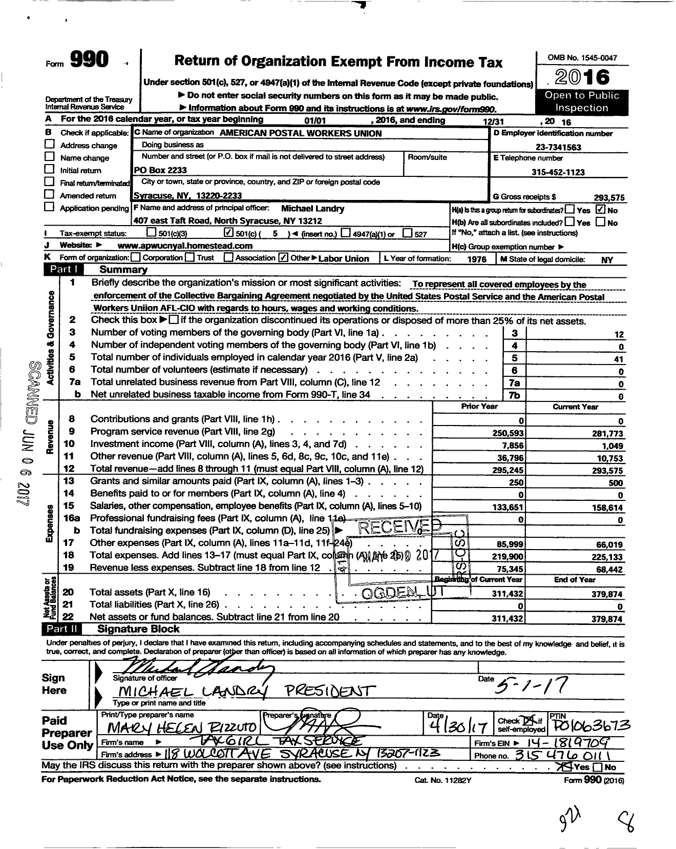 Image of first page of 2016 Form 990O for American Postal Workers Union