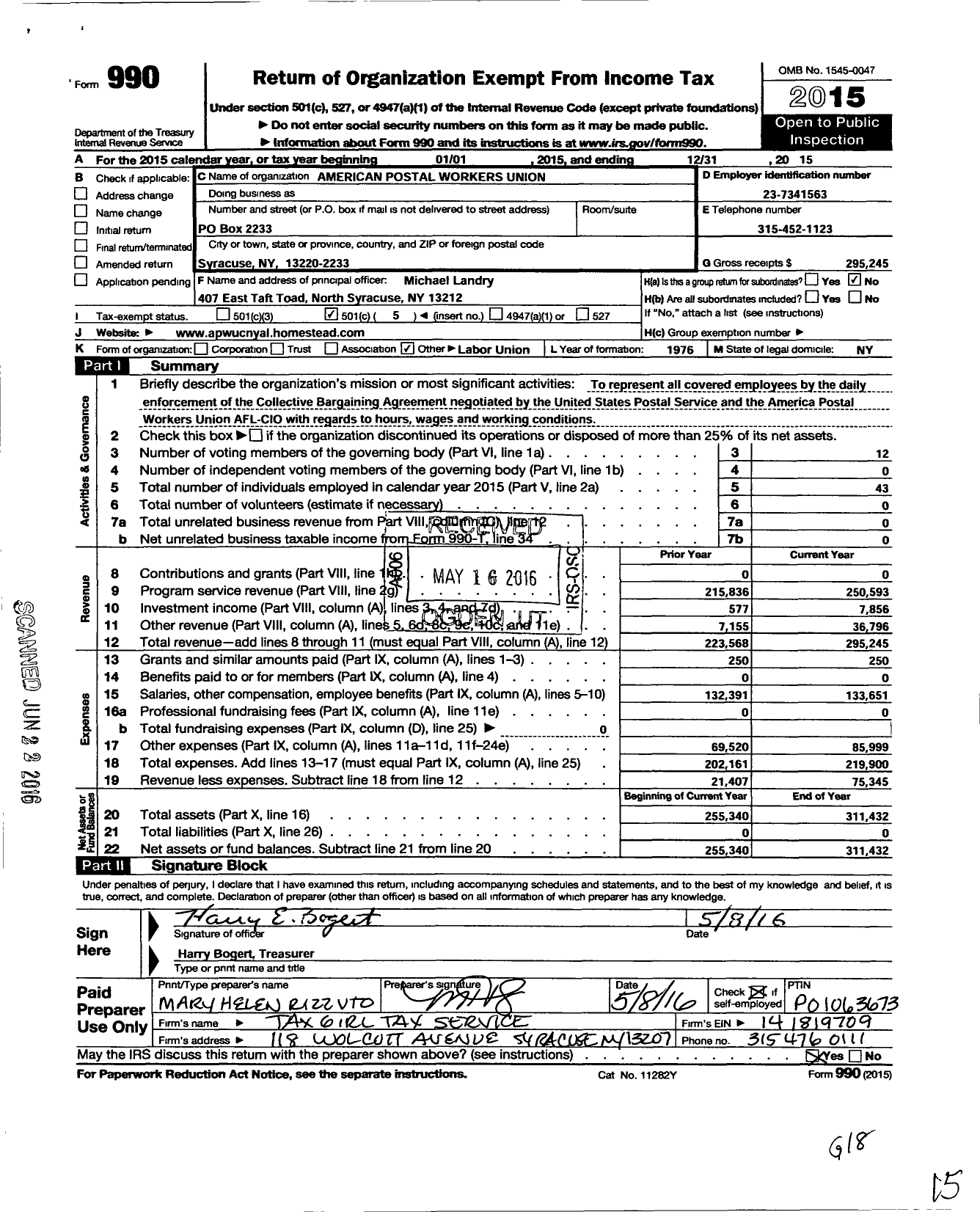 Image of first page of 2015 Form 990O for American Postal Workers Union
