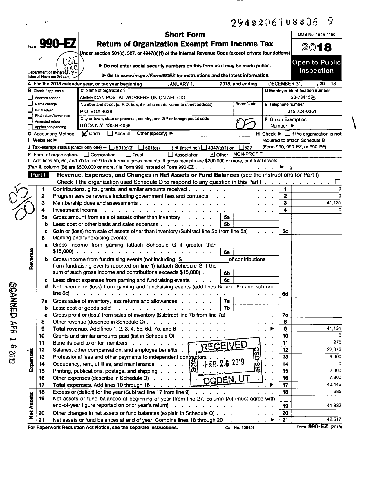 Image of first page of 2018 Form 990EO for American Postal Workers Union - 1820 Utica Area Local