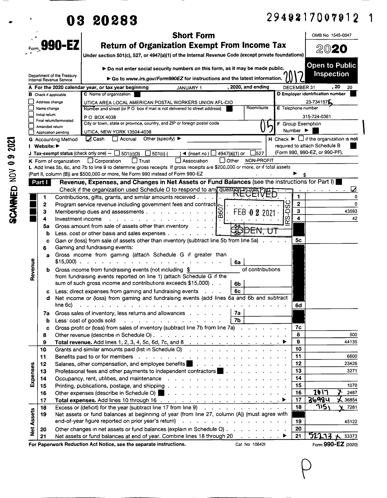 Image of first page of 2020 Form 990EO for American Postal Workers Union - 1820 Utica Area Local