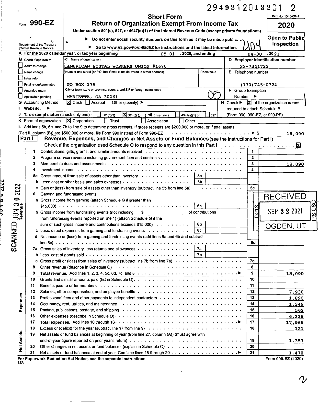 Image of first page of 2020 Form 990EO for American Postal Workers Union - 1676 Marietta Local