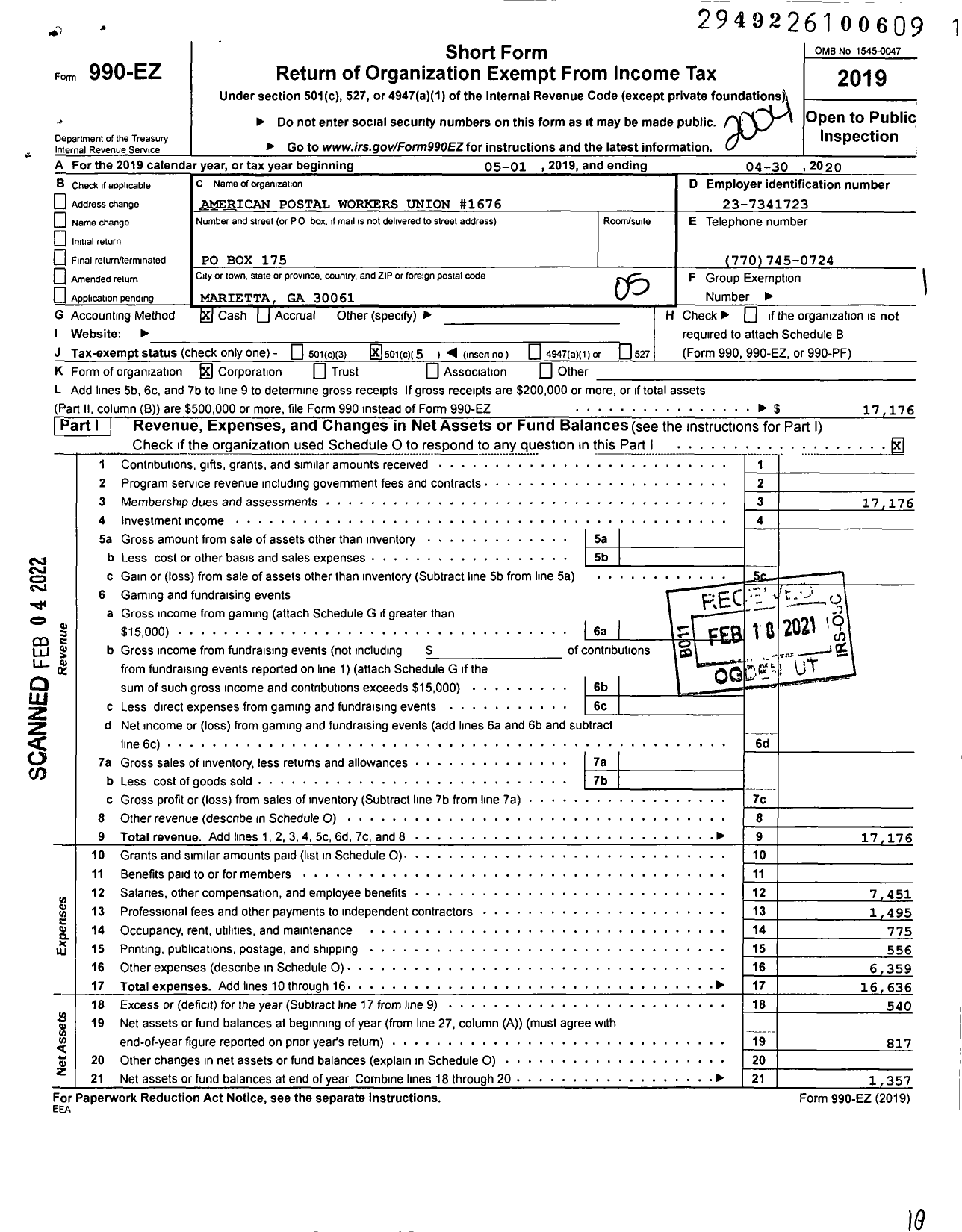 Image of first page of 2019 Form 990EO for American Postal Workers Union - 1676 Marietta Local