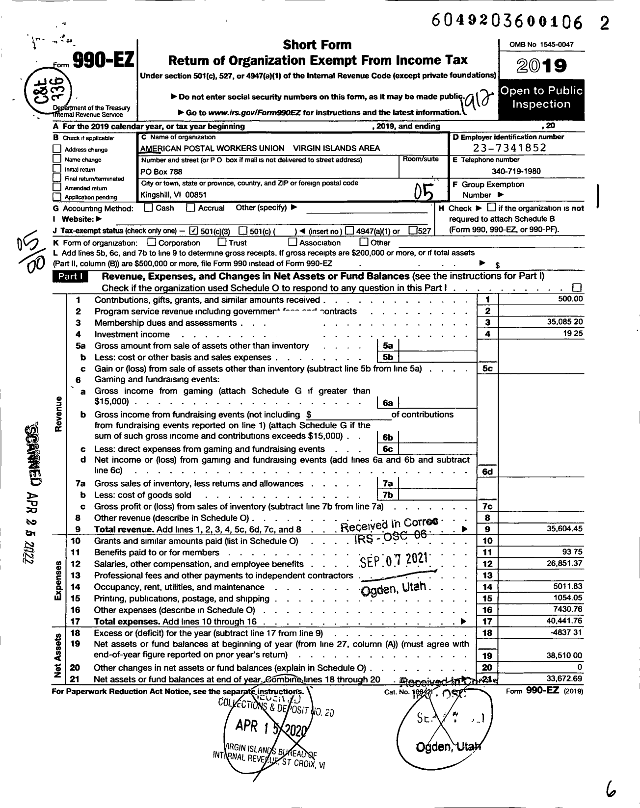 Image of first page of 2019 Form 990EO for American Postal Workers Union - 6176 Virgin Island Area Local