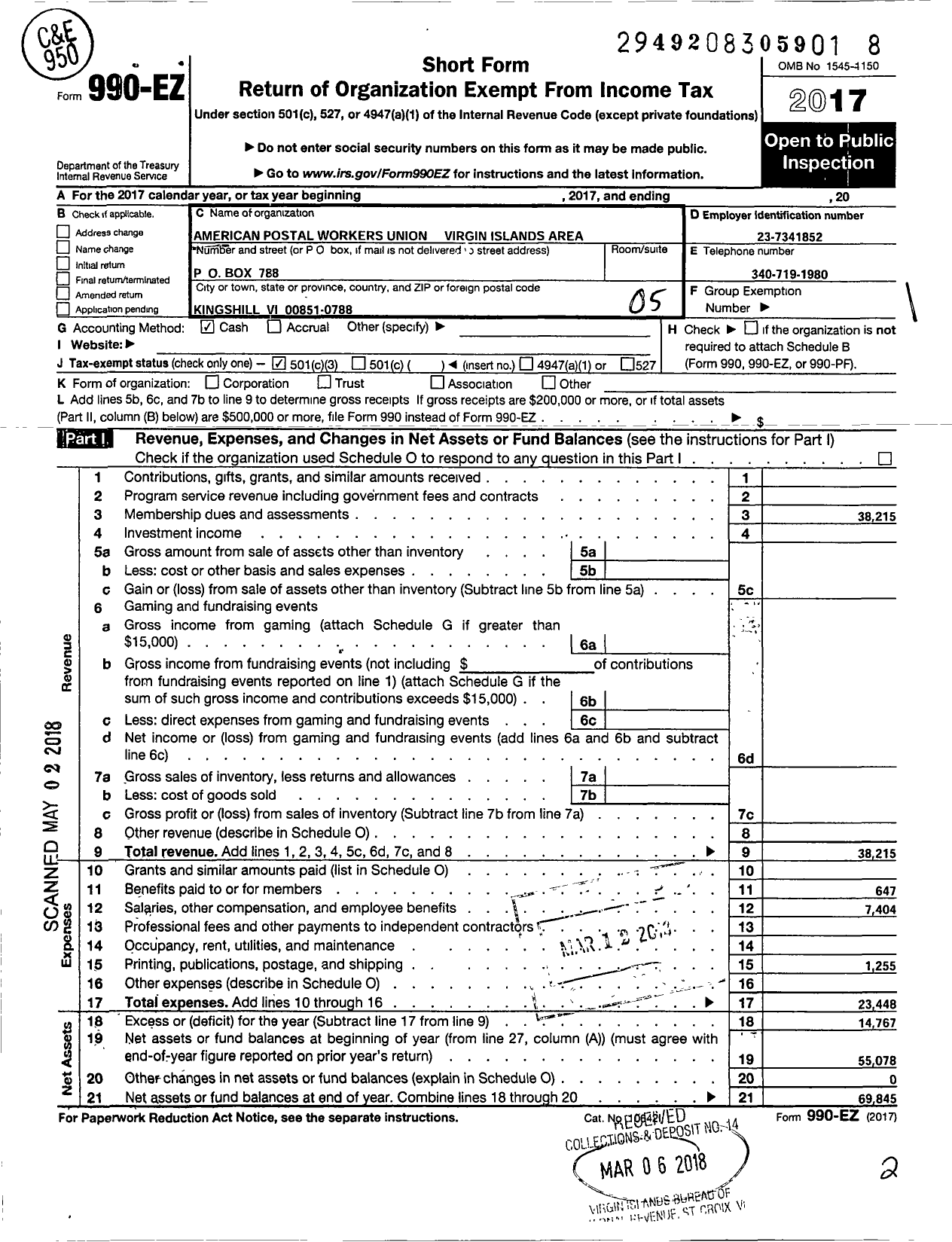 Image of first page of 2017 Form 990EO for American Postal Workers Union - 6176 Virgin Island Area Local