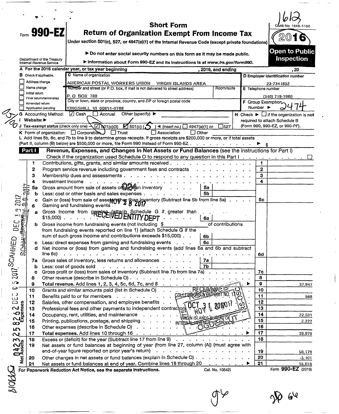 Image of first page of 2016 Form 990EO for American Postal Workers Union - 6176 Virgin Island Area Local